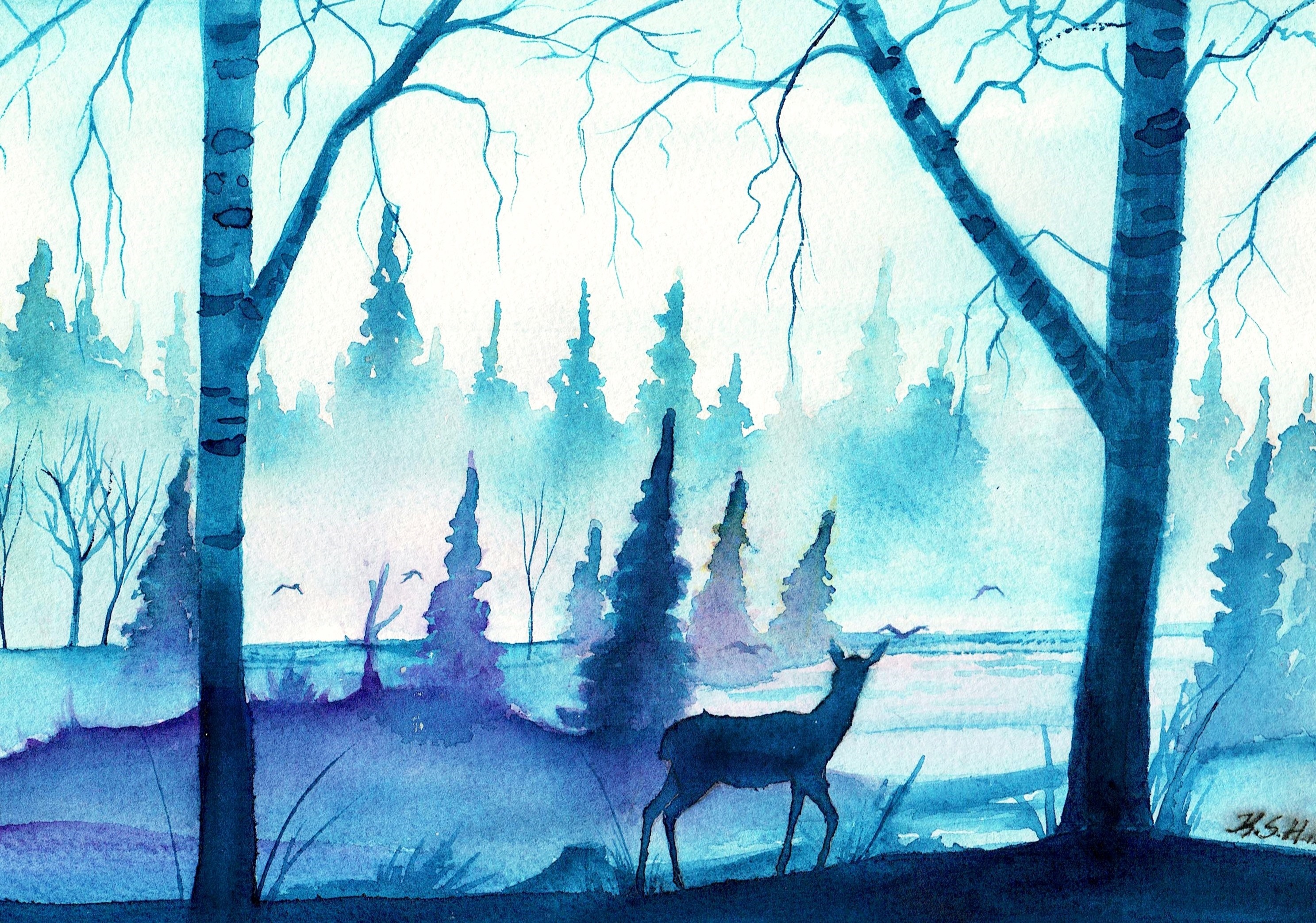 Serene Blue Watercolor Forest with Deer HD Wallpaper
