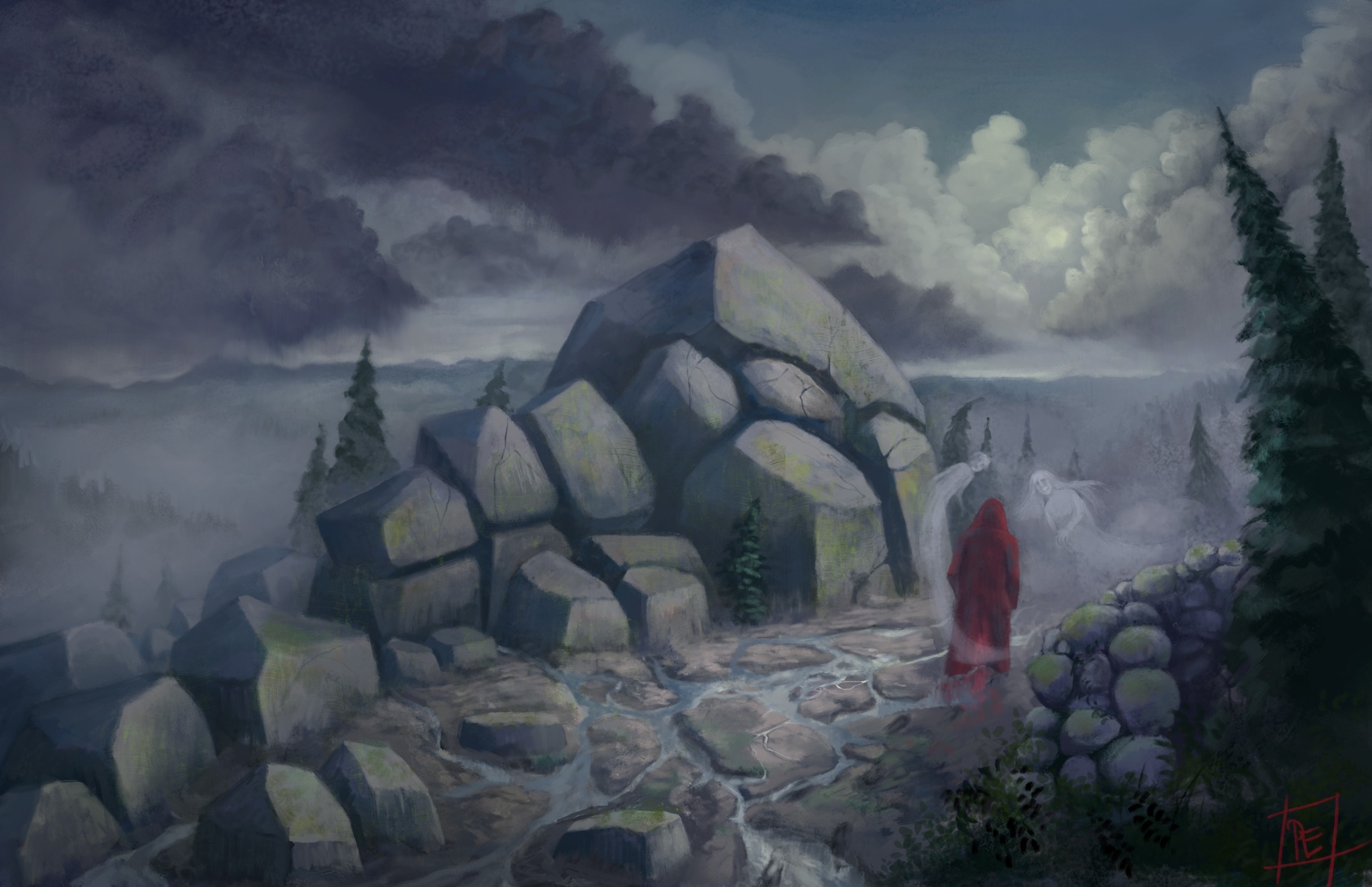 Painting of spirits and a person in a rocky, misty landscape HD Wallpaper