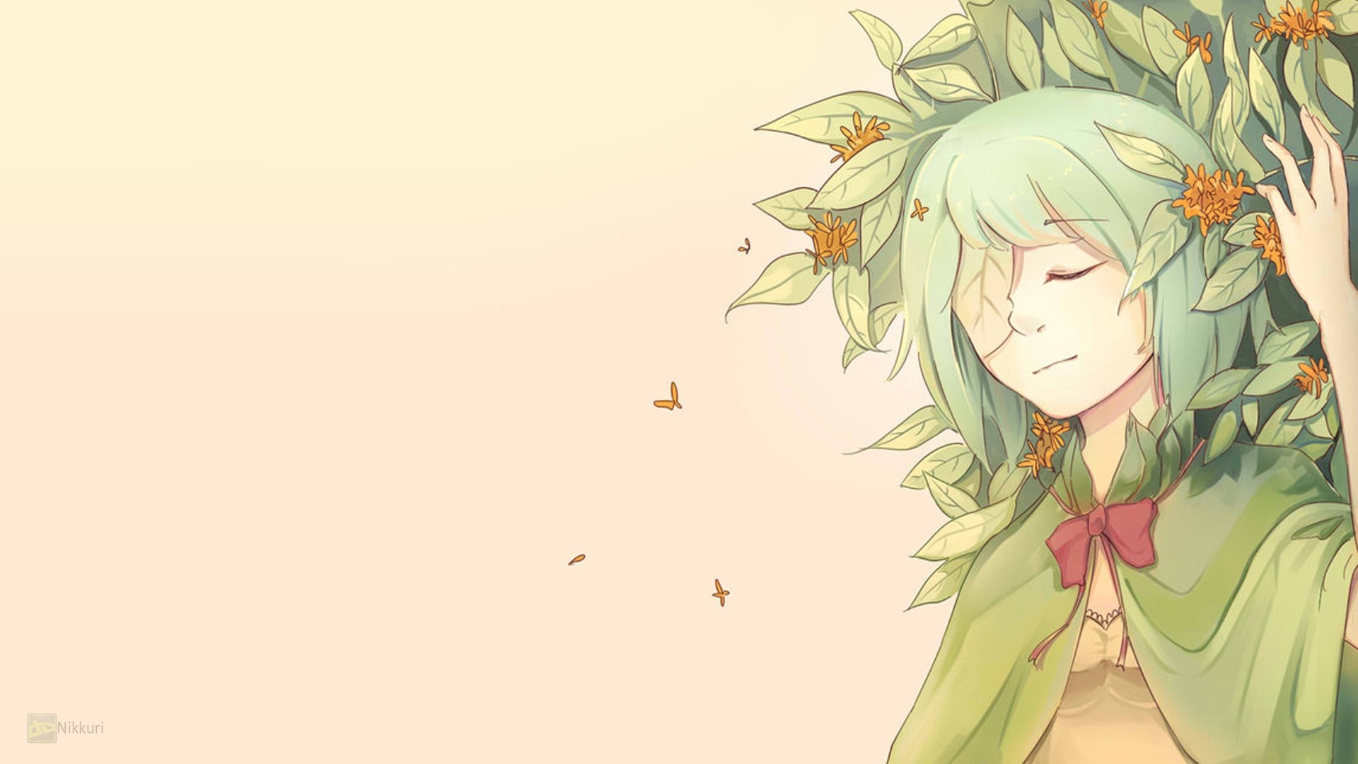 Anime girl with green hair and leaves HD Wallpaper