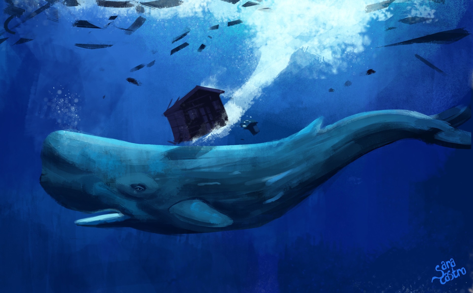 Whale carrying a house underwater HD Wallpaper