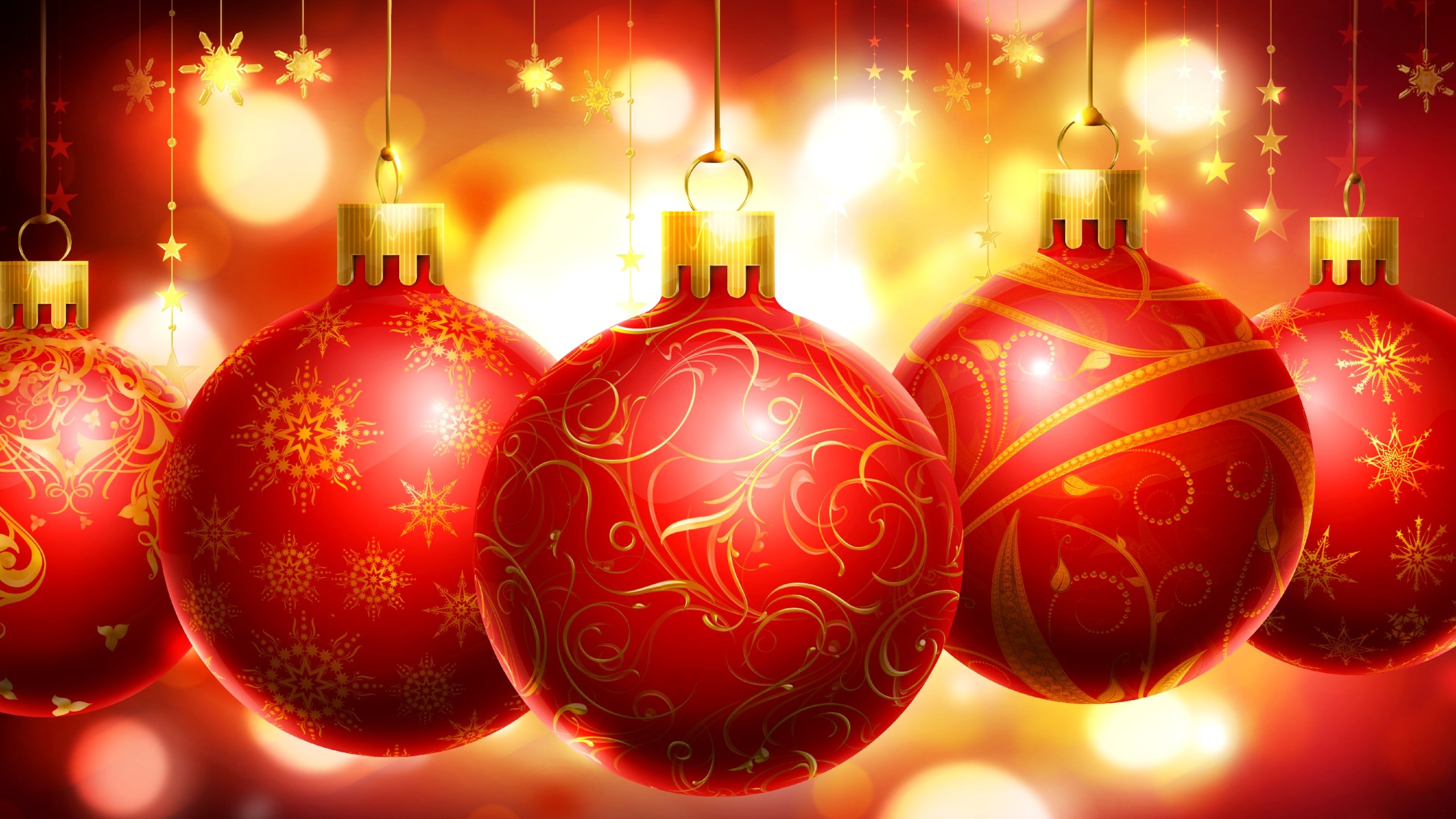 Red Christmas ornaments with gold patterns HD Wallpaper