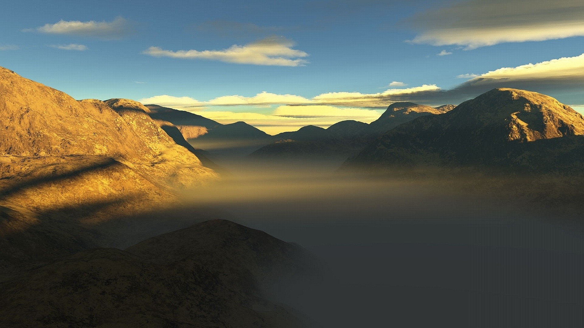 Misty mountain valley at sunrise or sunset HD Wallpaper