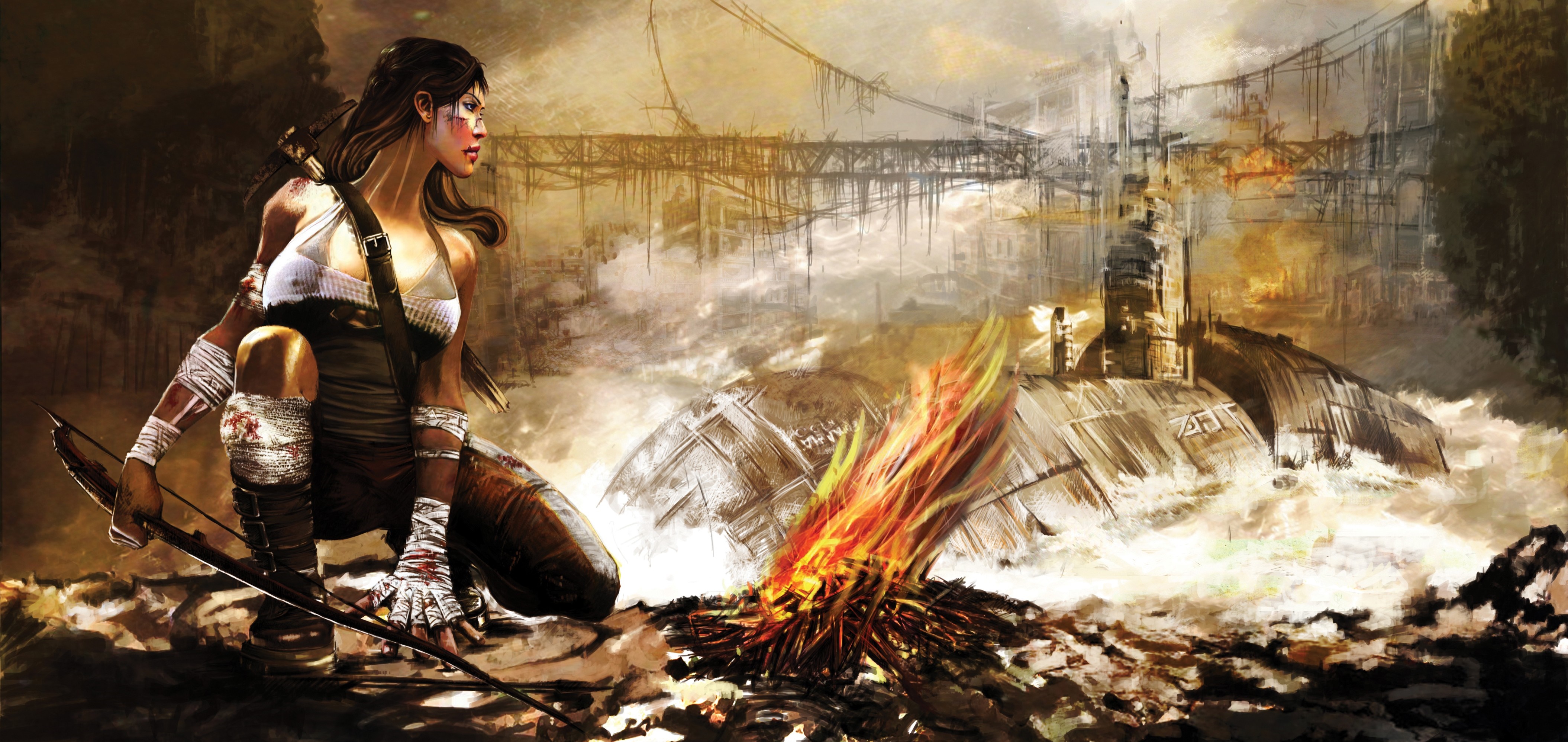 Lara Croft with bow and arrow near a submarine HD Wallpaper