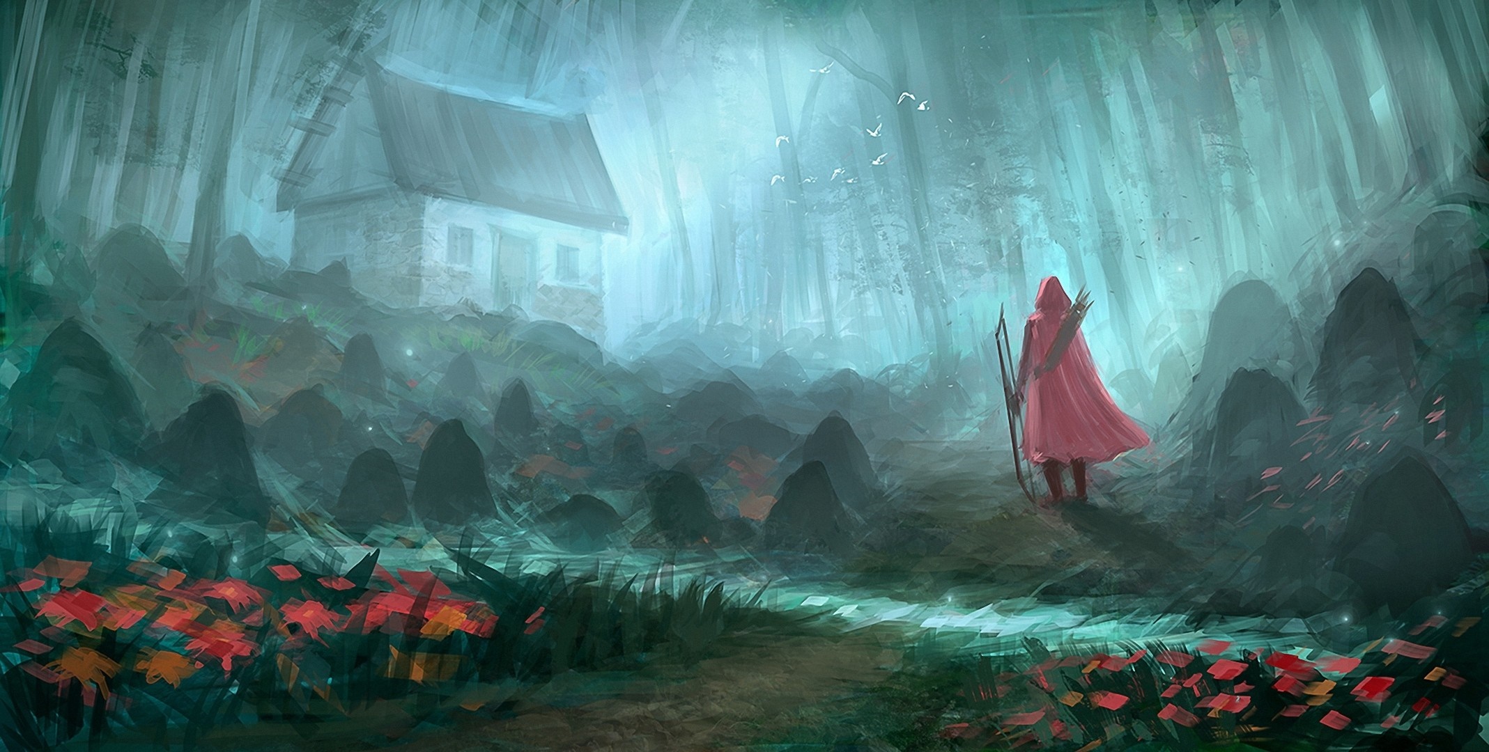 Fantasy art of a girl with a bow in a forest HD Wallpaper