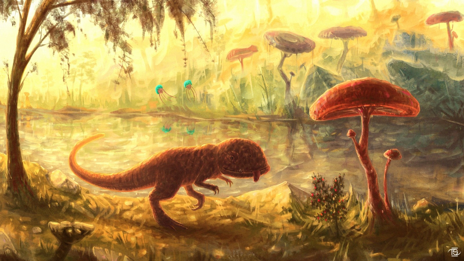 Fantasy creature in a swamp with mushrooms HD Wallpaper