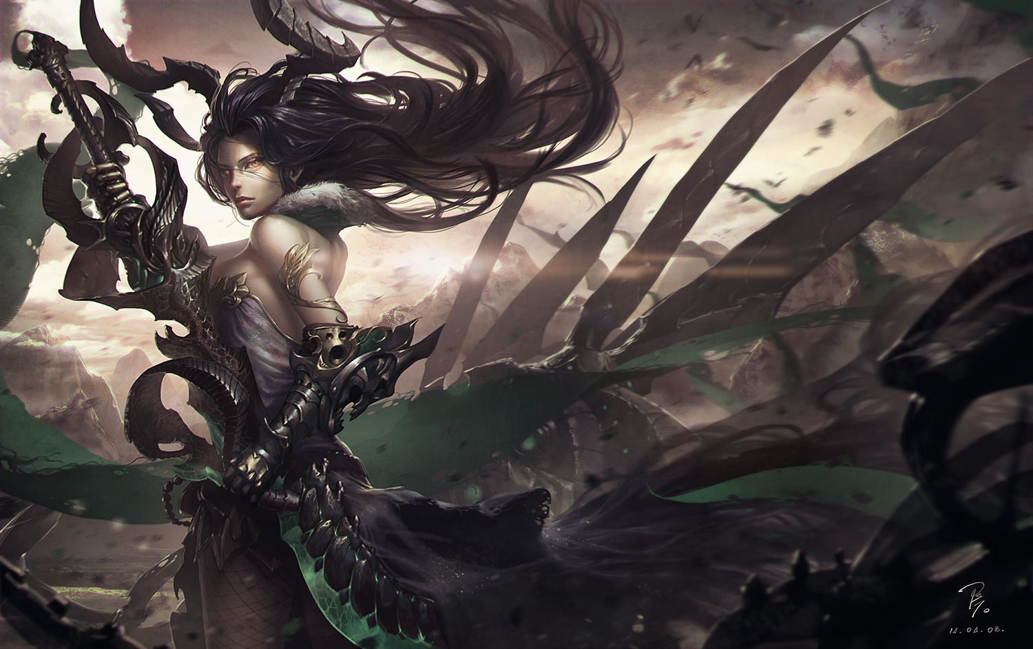 Dark fantasy warrior woman with ornate armor and weapon HD Wallpaper