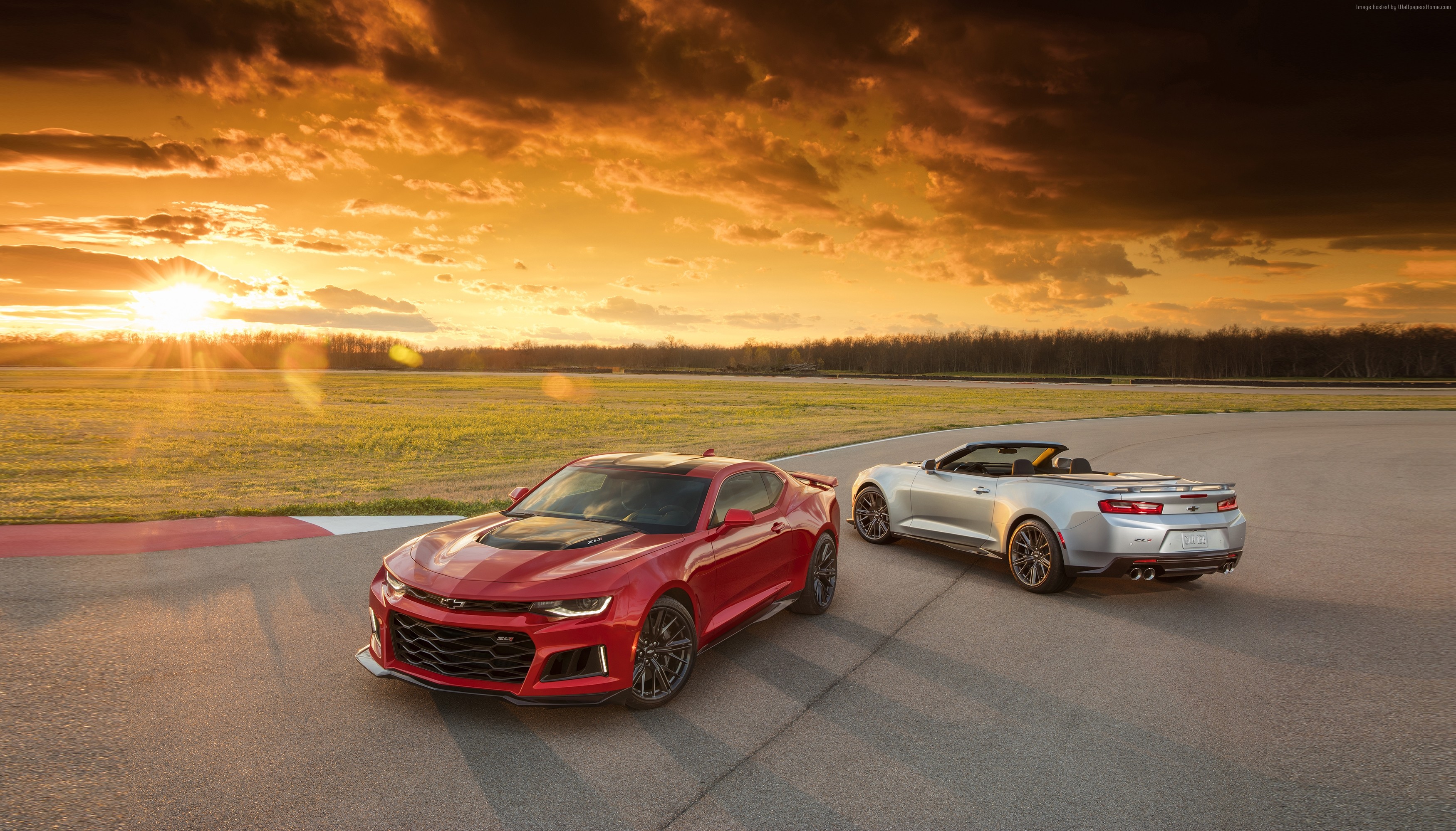 Red and Silver Chevrolet Camaro ZL1 Convertibles at Sunset HD Wallpaper