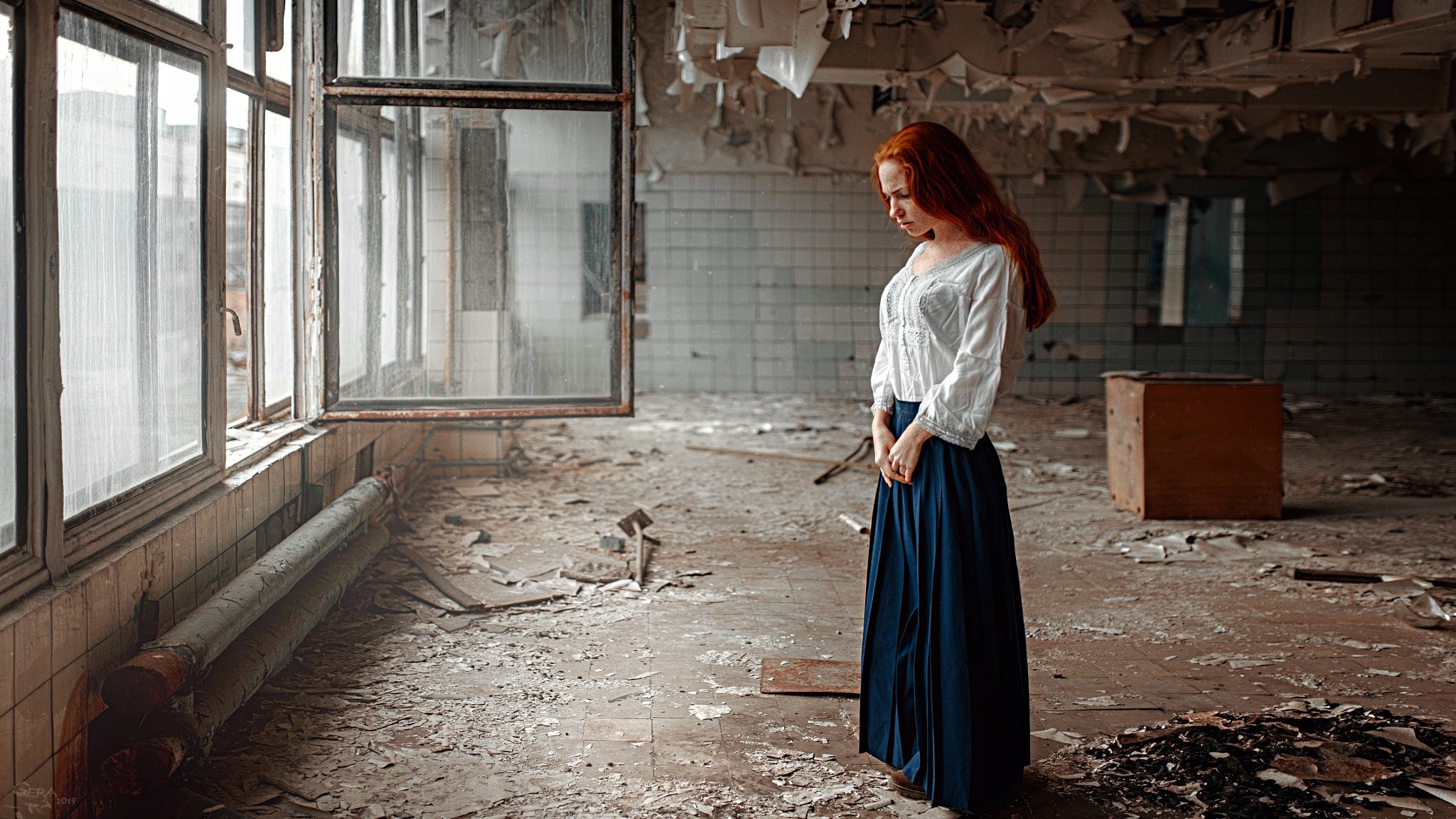 Woman with red hair in abandoned building HD Wallpaper