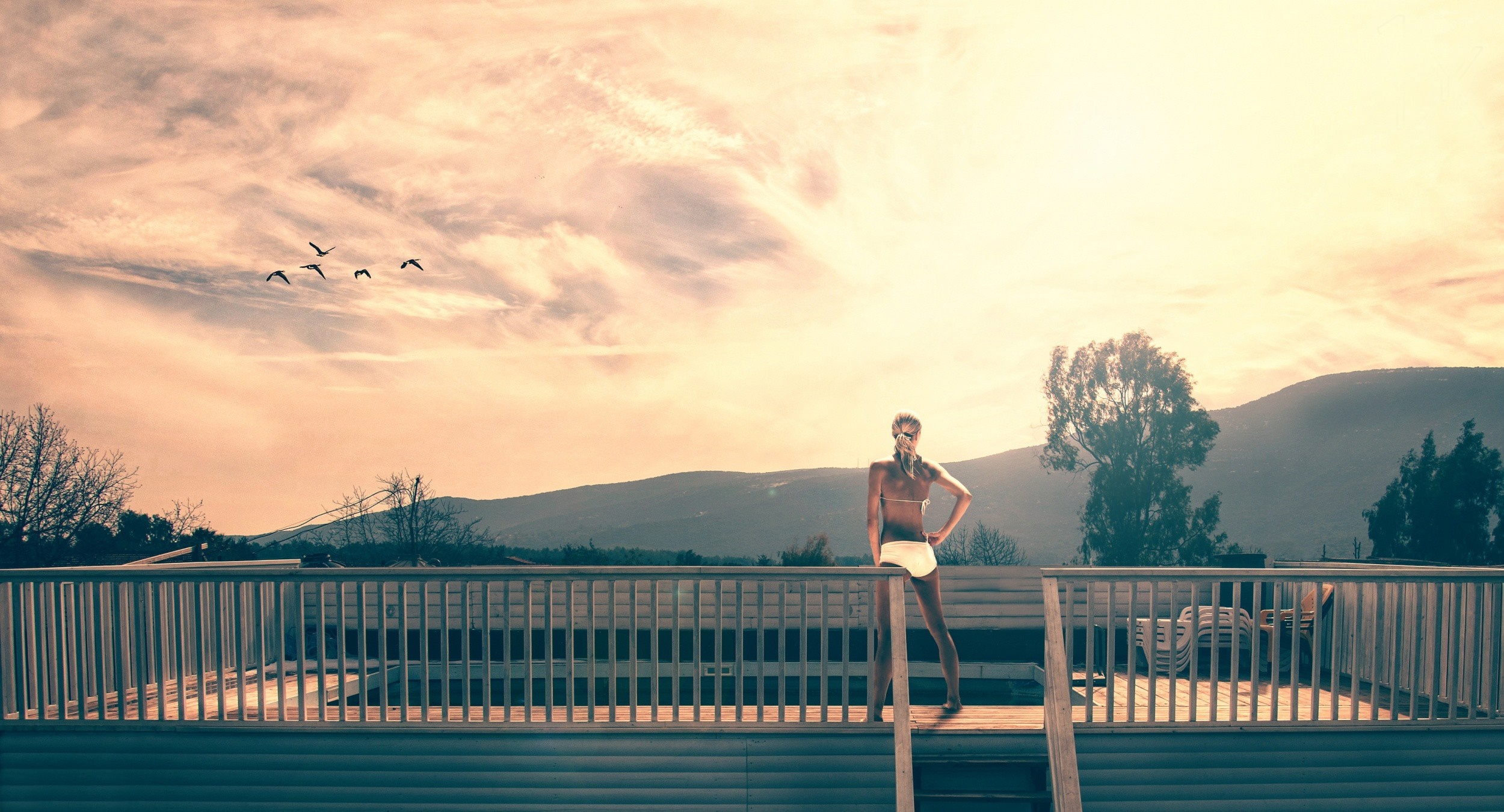 Woman in bikini on a deck at sunset with birds flying HD Wallpaper