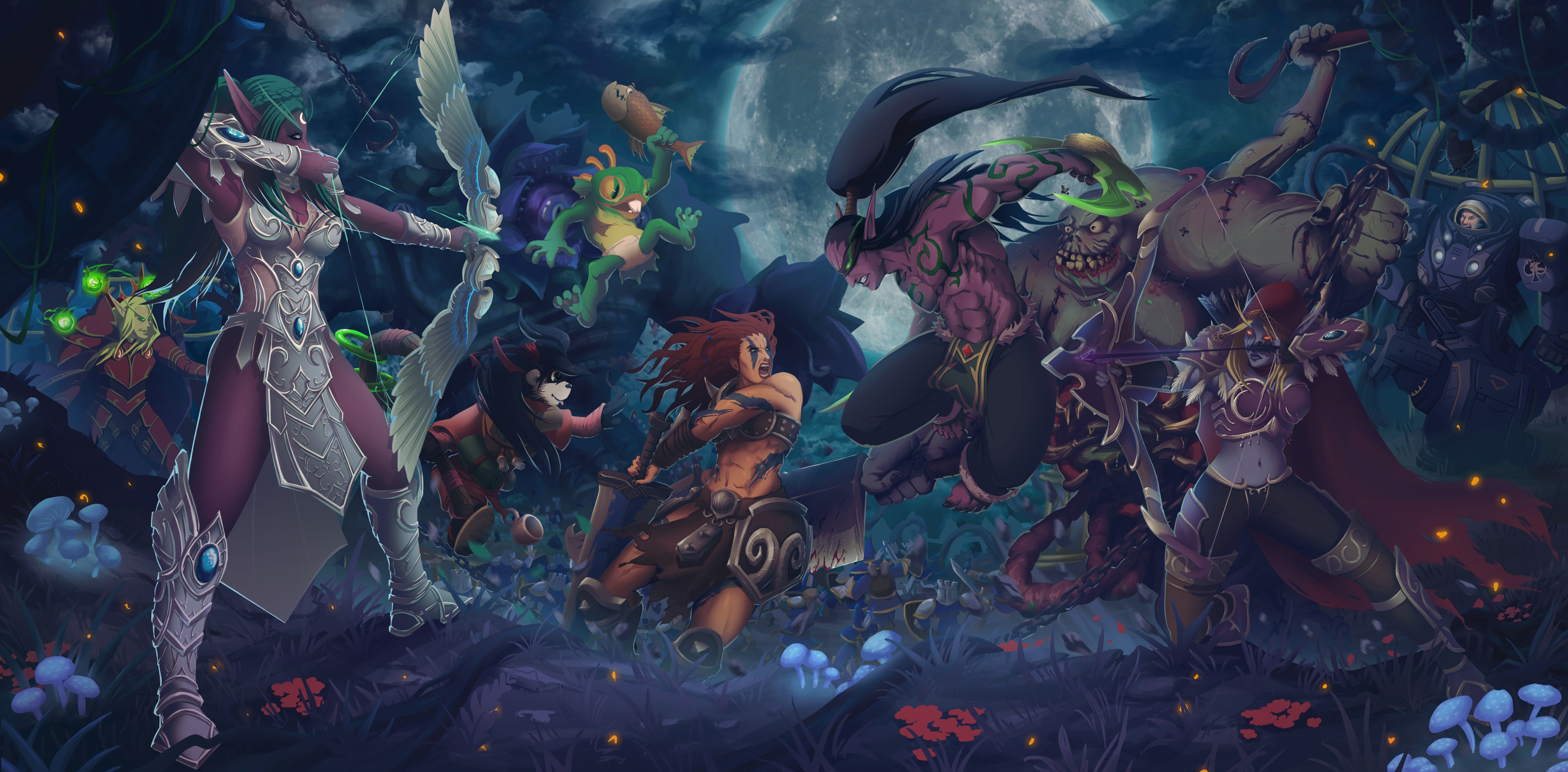 Heroes of the Storm characters in a nighttime battle HD Wallpaper