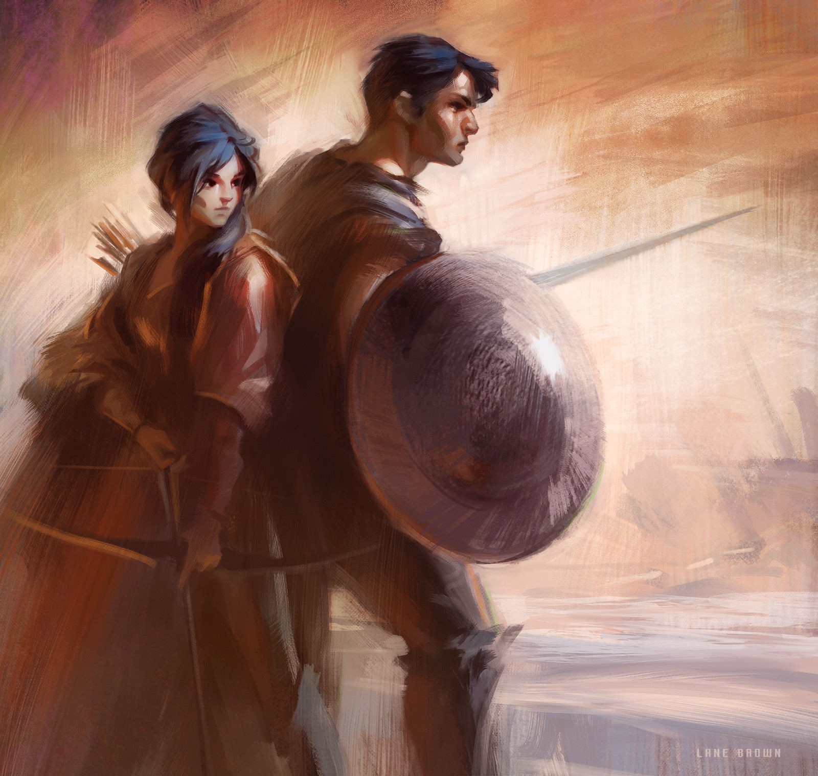 Painting of a female archer and a male warrior with a shield HD Wallpaper