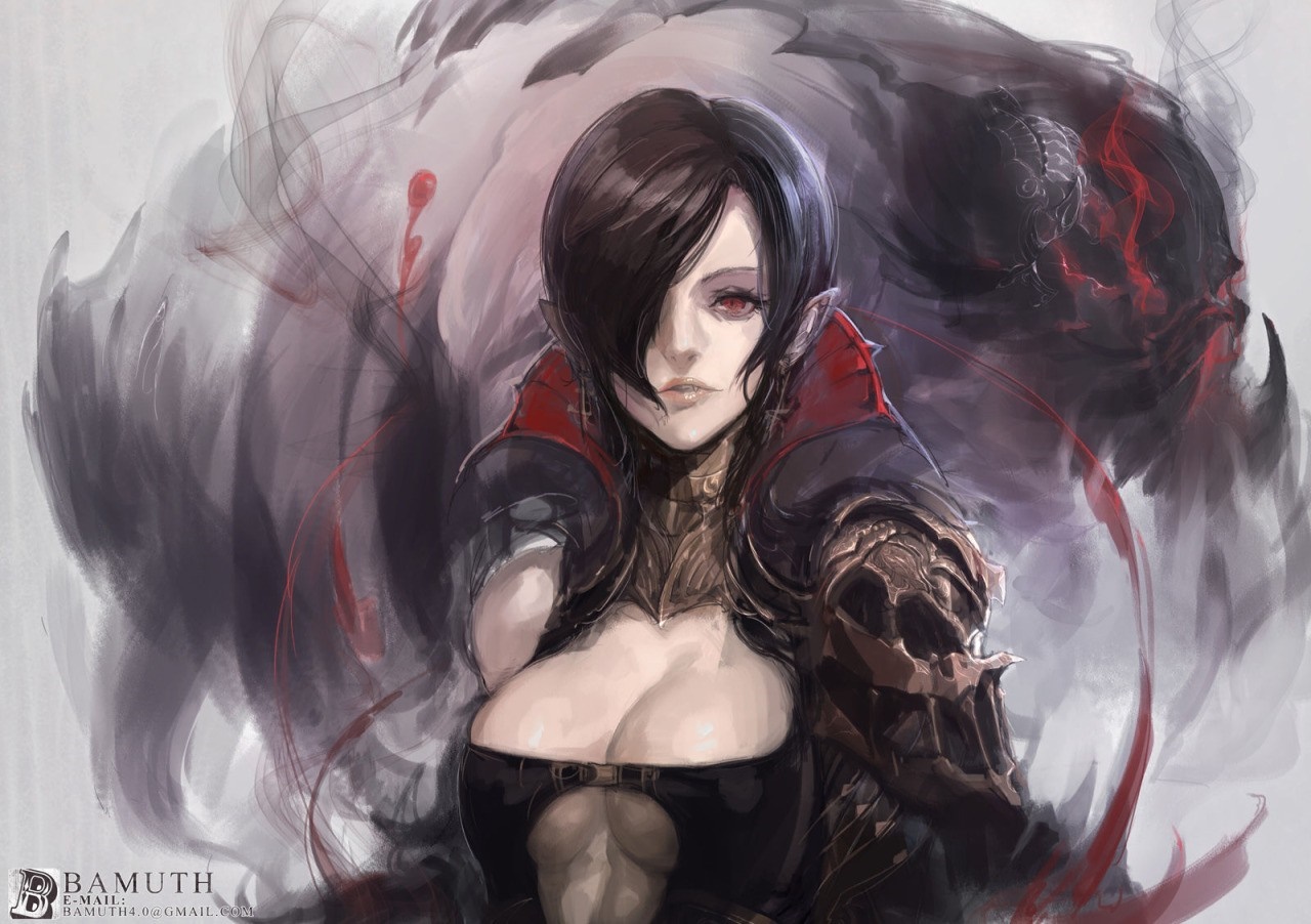 Anime girl with dark hair and red eyes HD Wallpaper