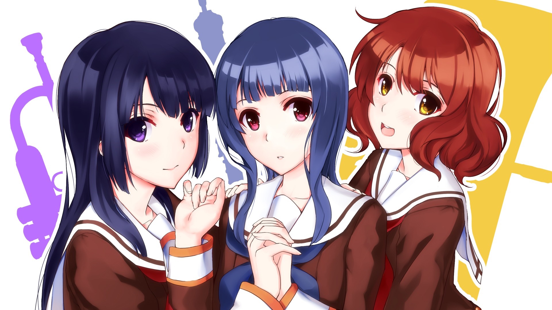 Three anime girls in school uniforms from Hibike! Euphonium HD Wallpaper