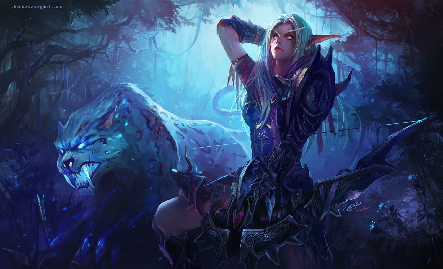 Elf hunter with panther in dark forest HD Wallpaper