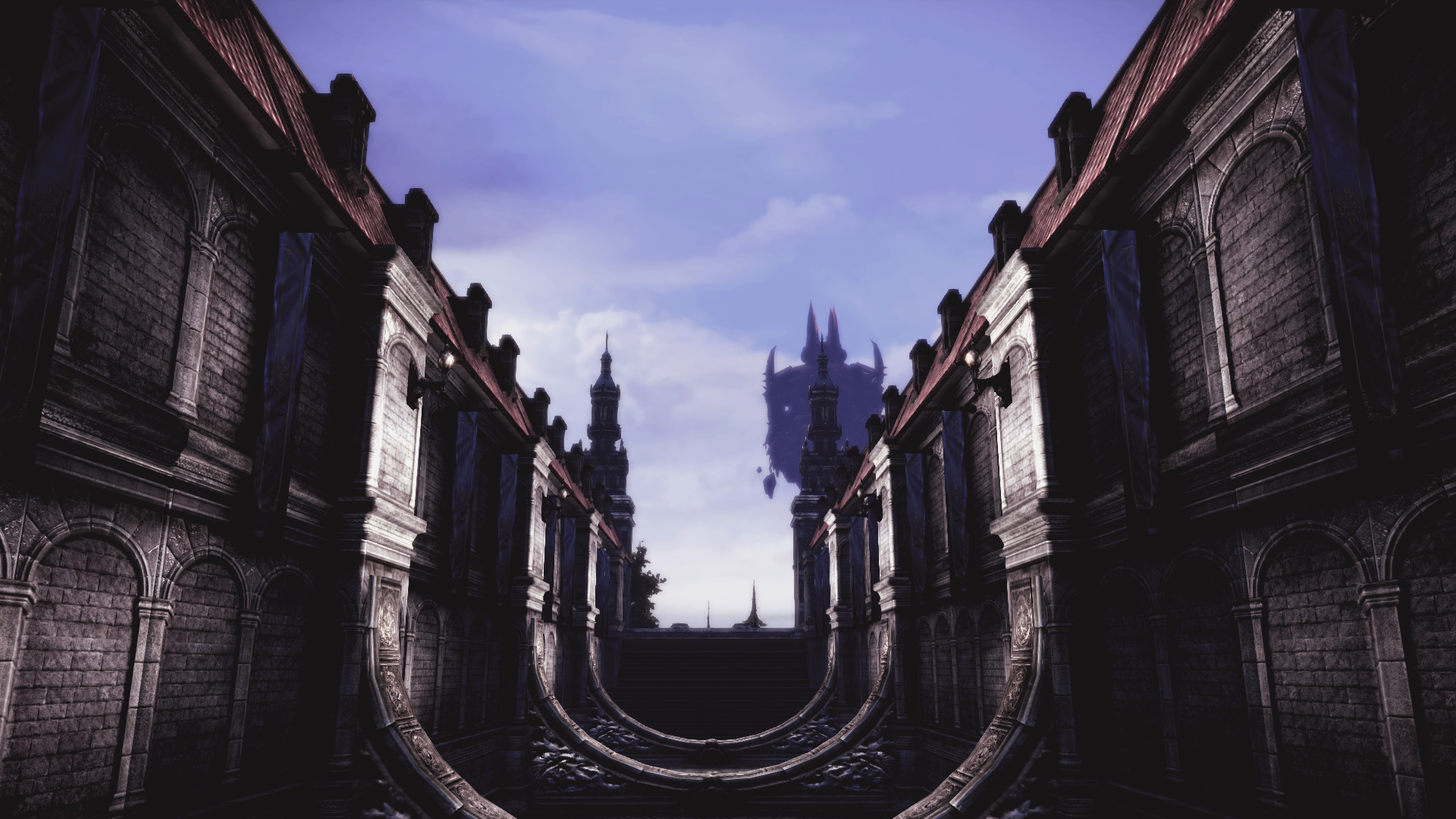 Floating castle in the sky above a city HD Wallpaper
