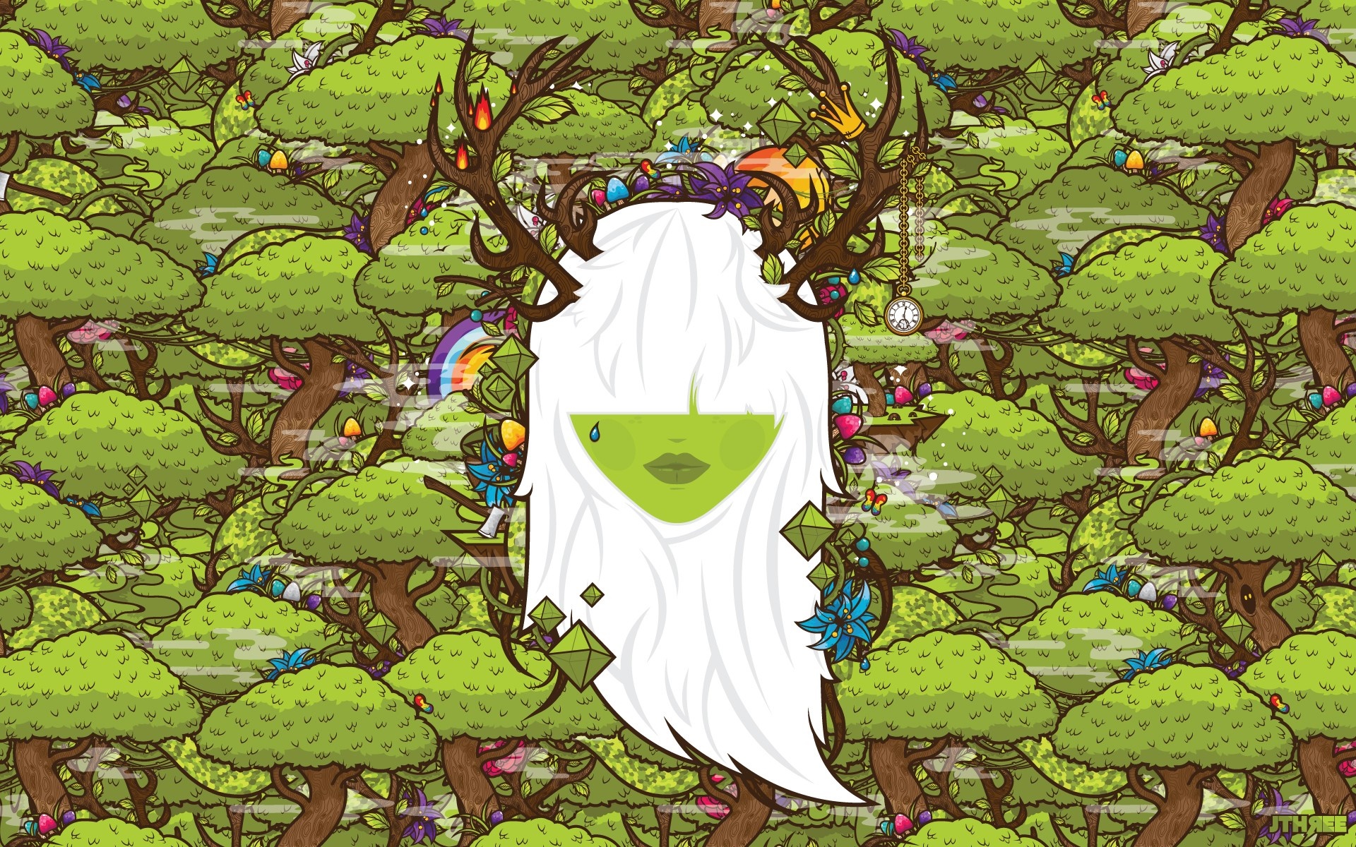 Illustration of a character with antlers and white hair in a forest HD Wallpaper
