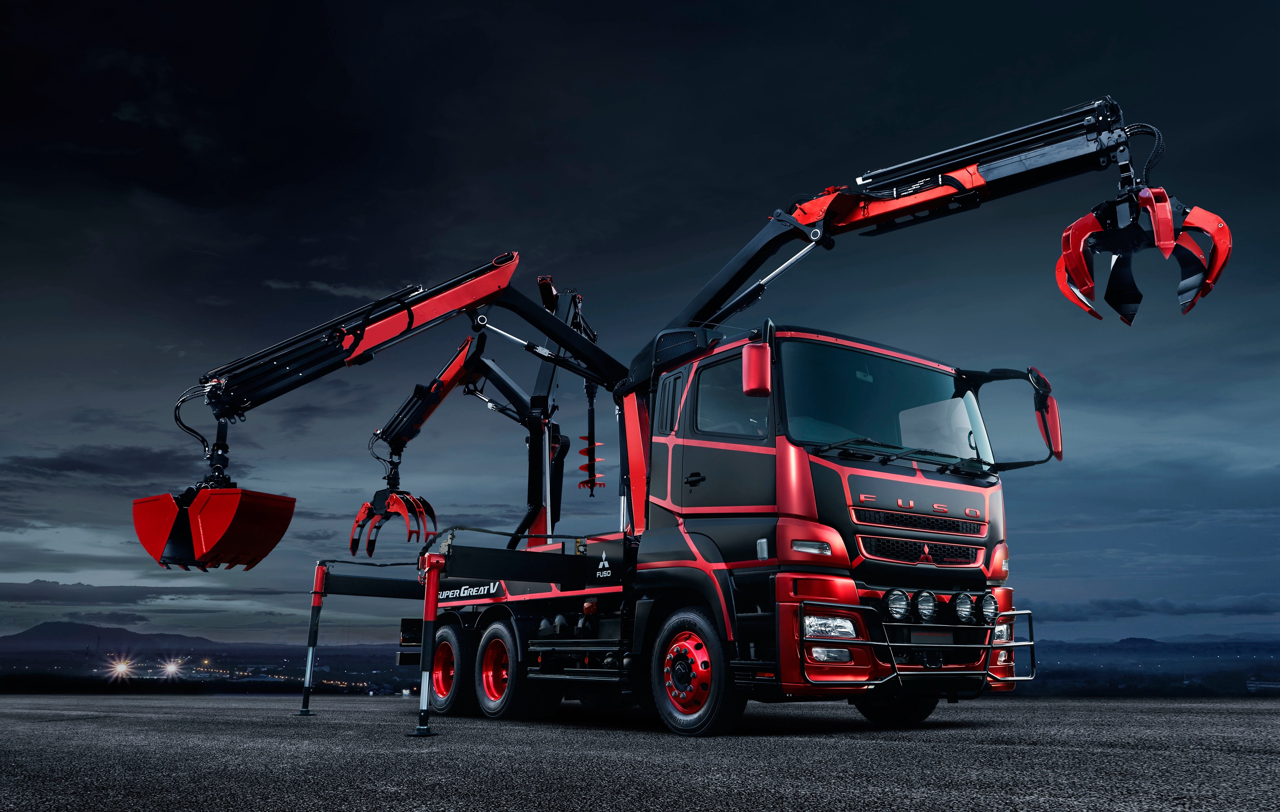 Red and black Fuso Super Great V truck with cranes HD Wallpaper