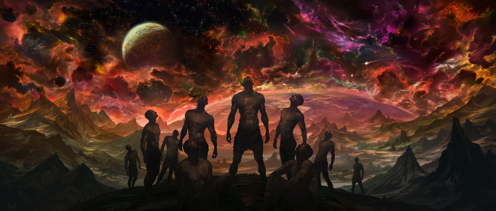 Figures looking up at alien sky with planets and nebulae HD Wallpaper