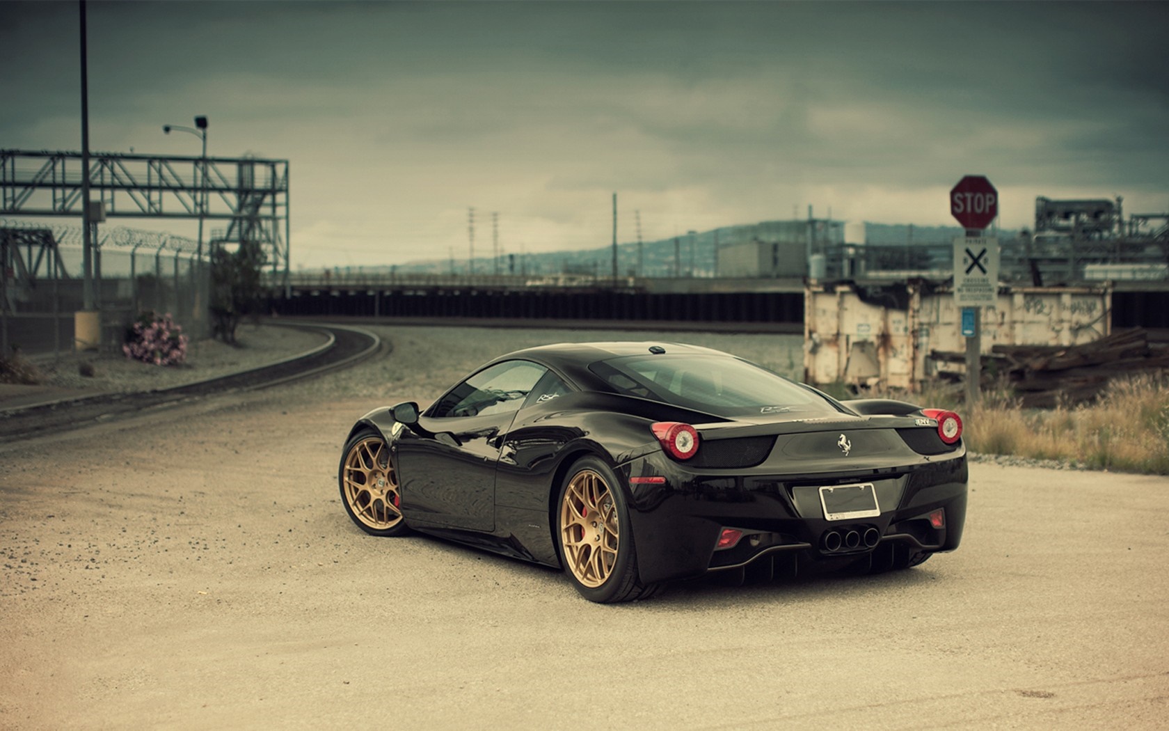 Black Ferrari 458 Italia with Gold Wheels HD Wallpaper
