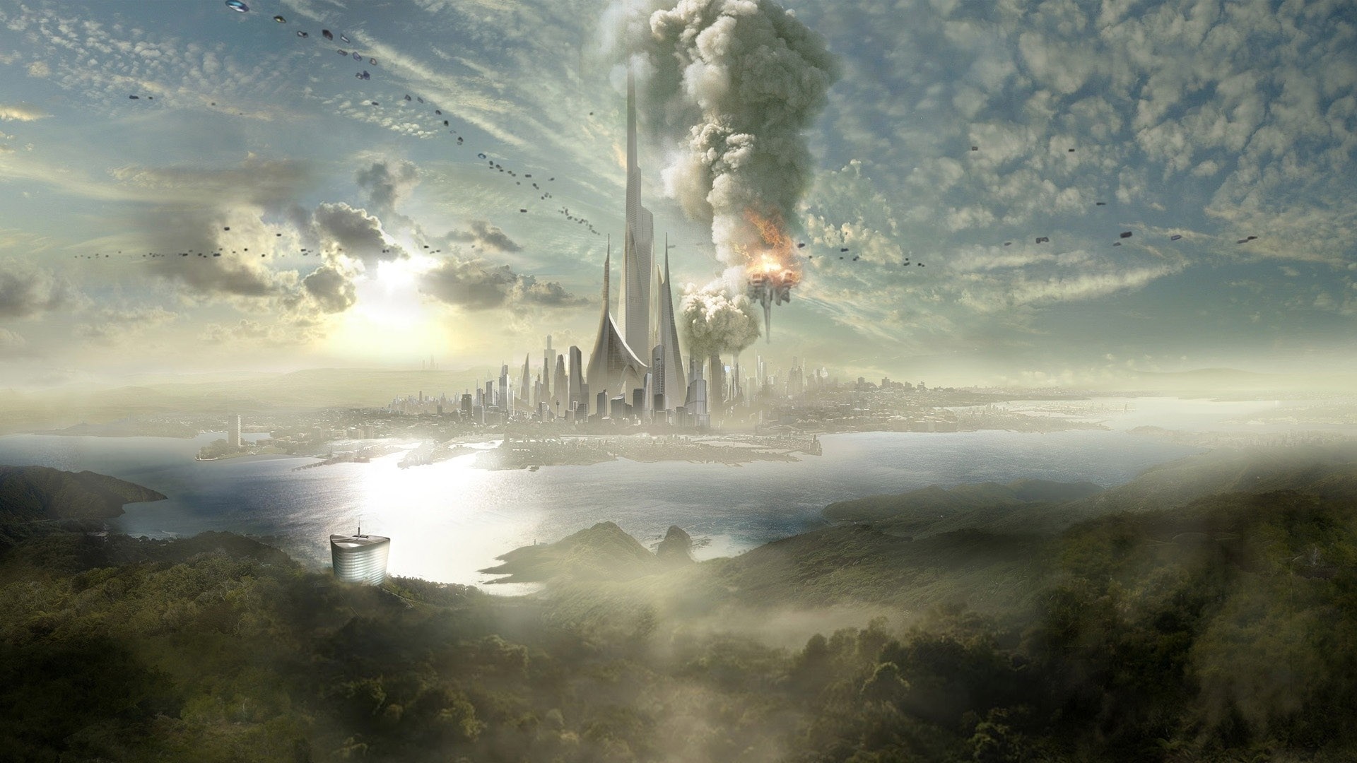 Futuristic city under attack with flying vehicles HD Wallpaper