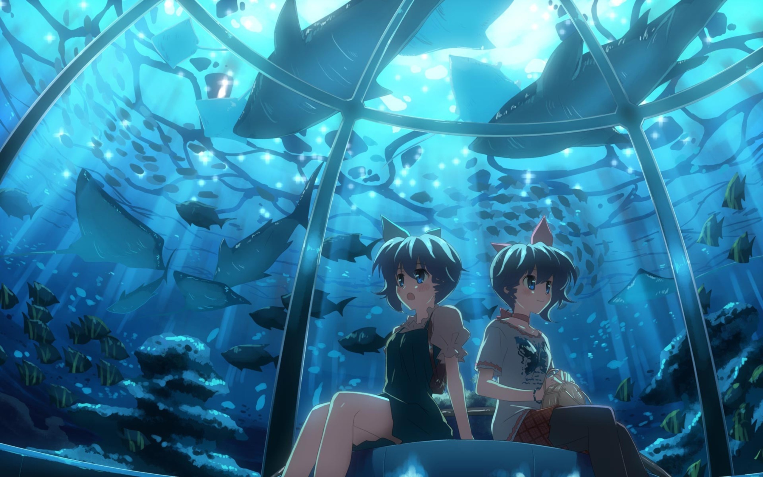 Two anime girls in an aquarium with sharks and fish HD Wallpaper