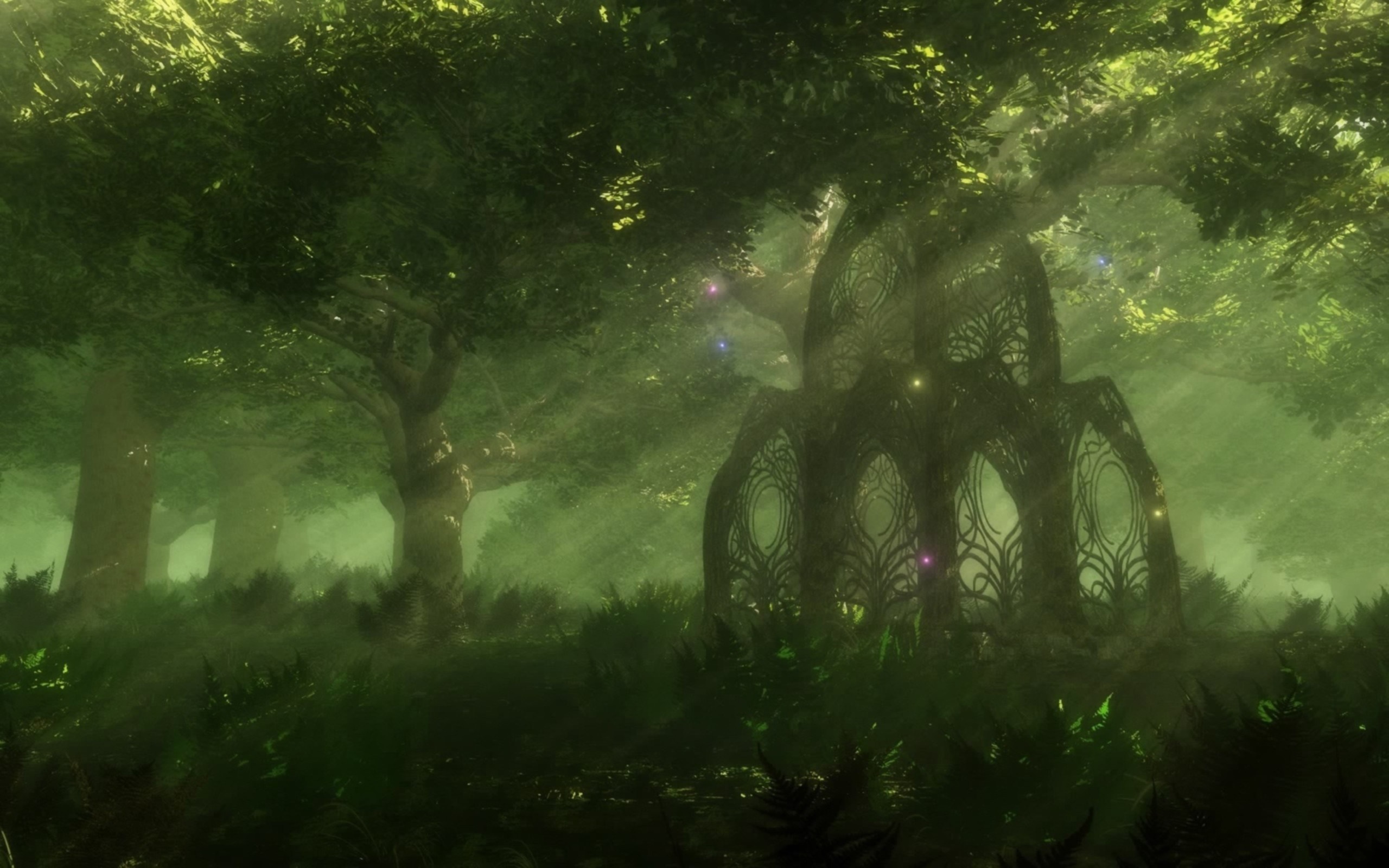 Mystical forest with ancient elven structure and glowing lights HD Wallpaper