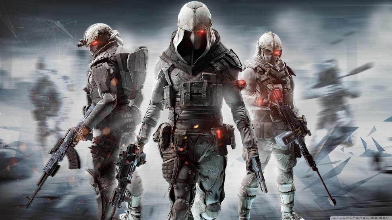 Three soldiers with glowing red eyes and futuristic armor HD Wallpaper