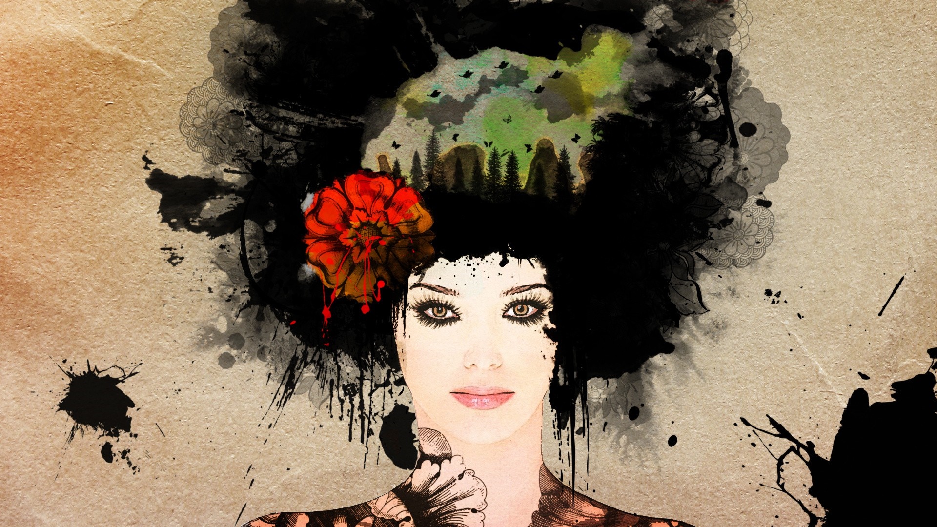 Illustration of a woman with a floral headdress and abstract elements HD Wallpaper