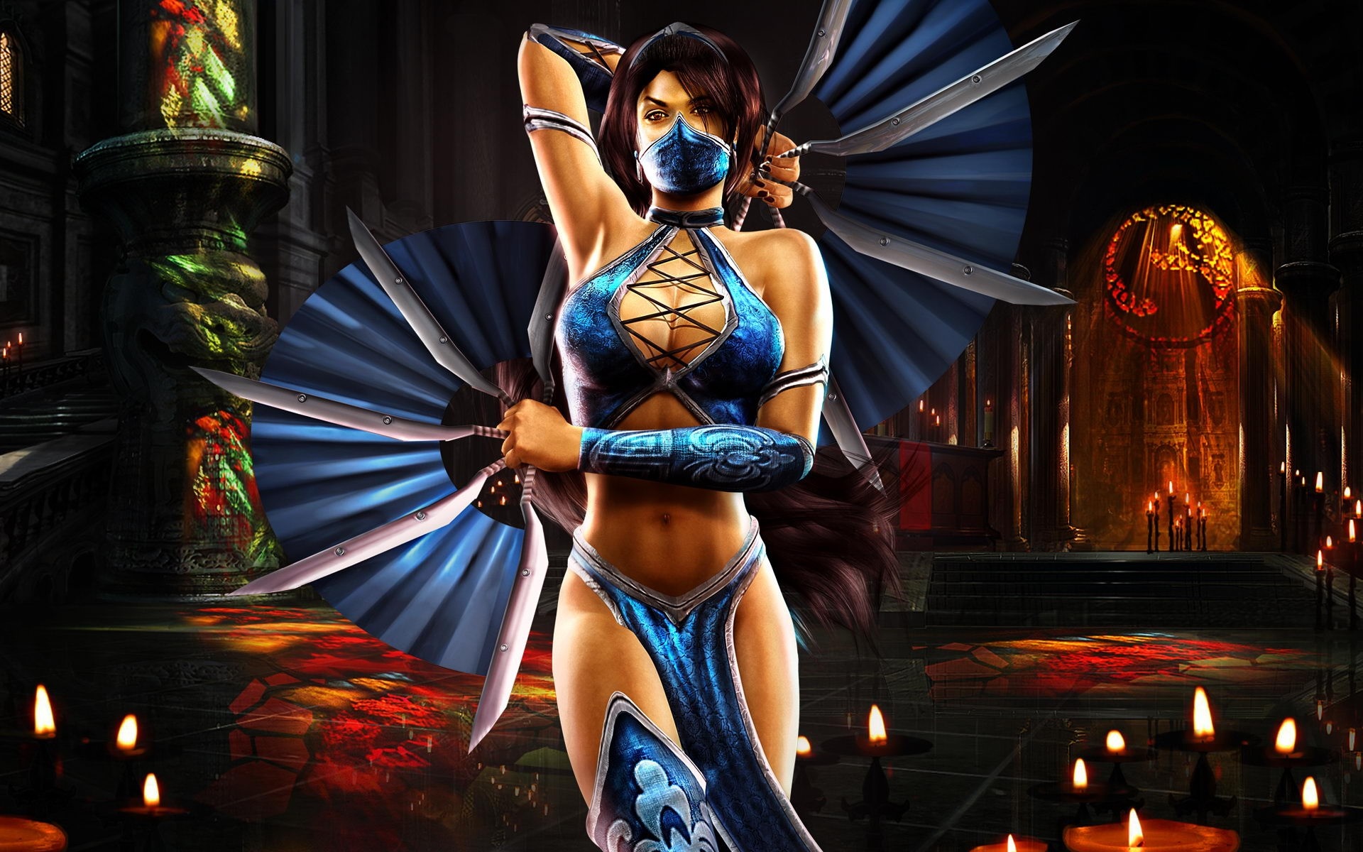 Kitana from Mortal Kombat holding fans in a temple HD Wallpaper