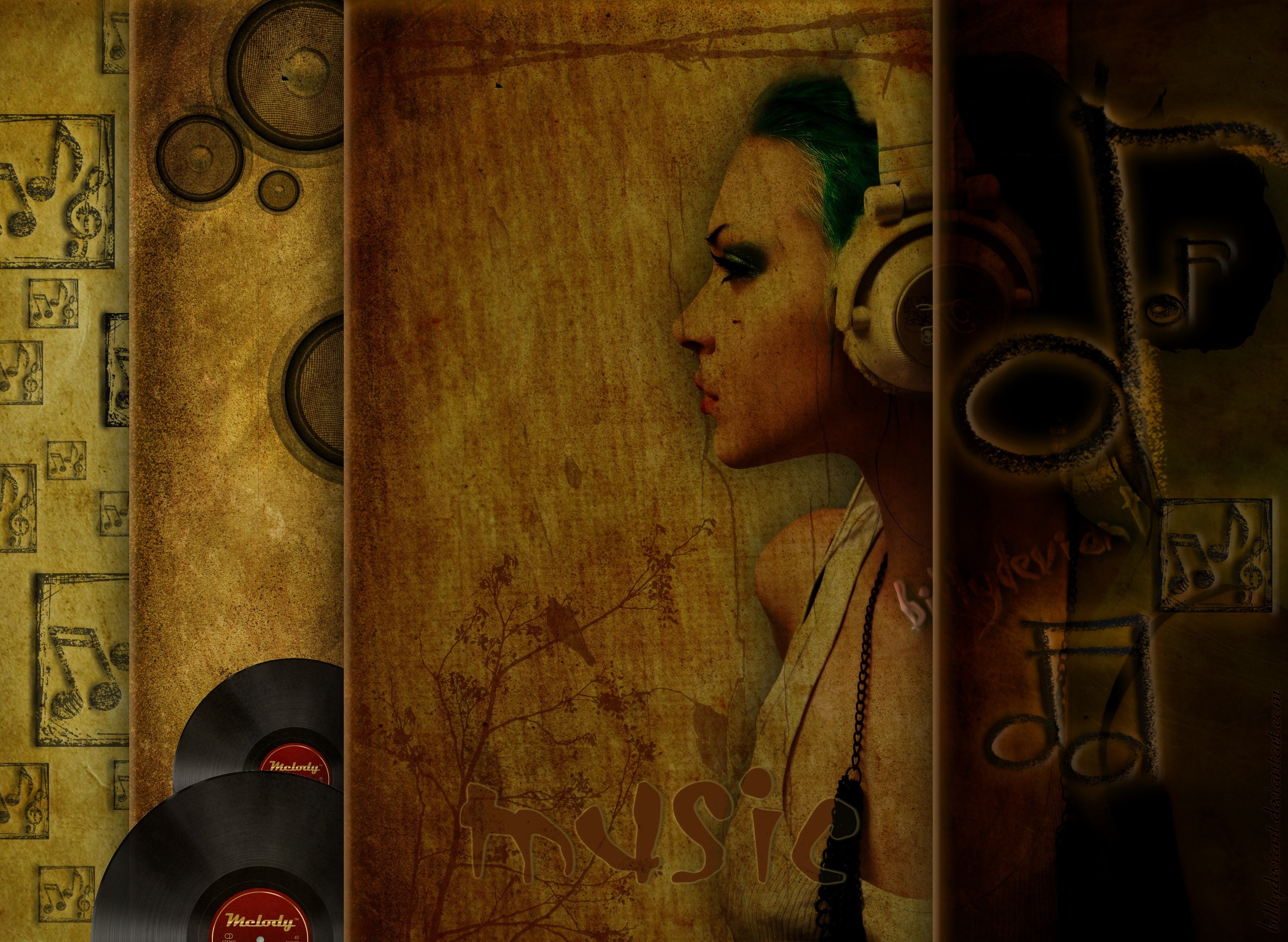 Woman with headphones and music notes HD Wallpaper