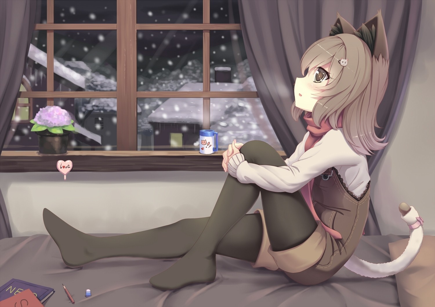 Quiet Winter Night with Cat Girl by the Window HD Wallpaper