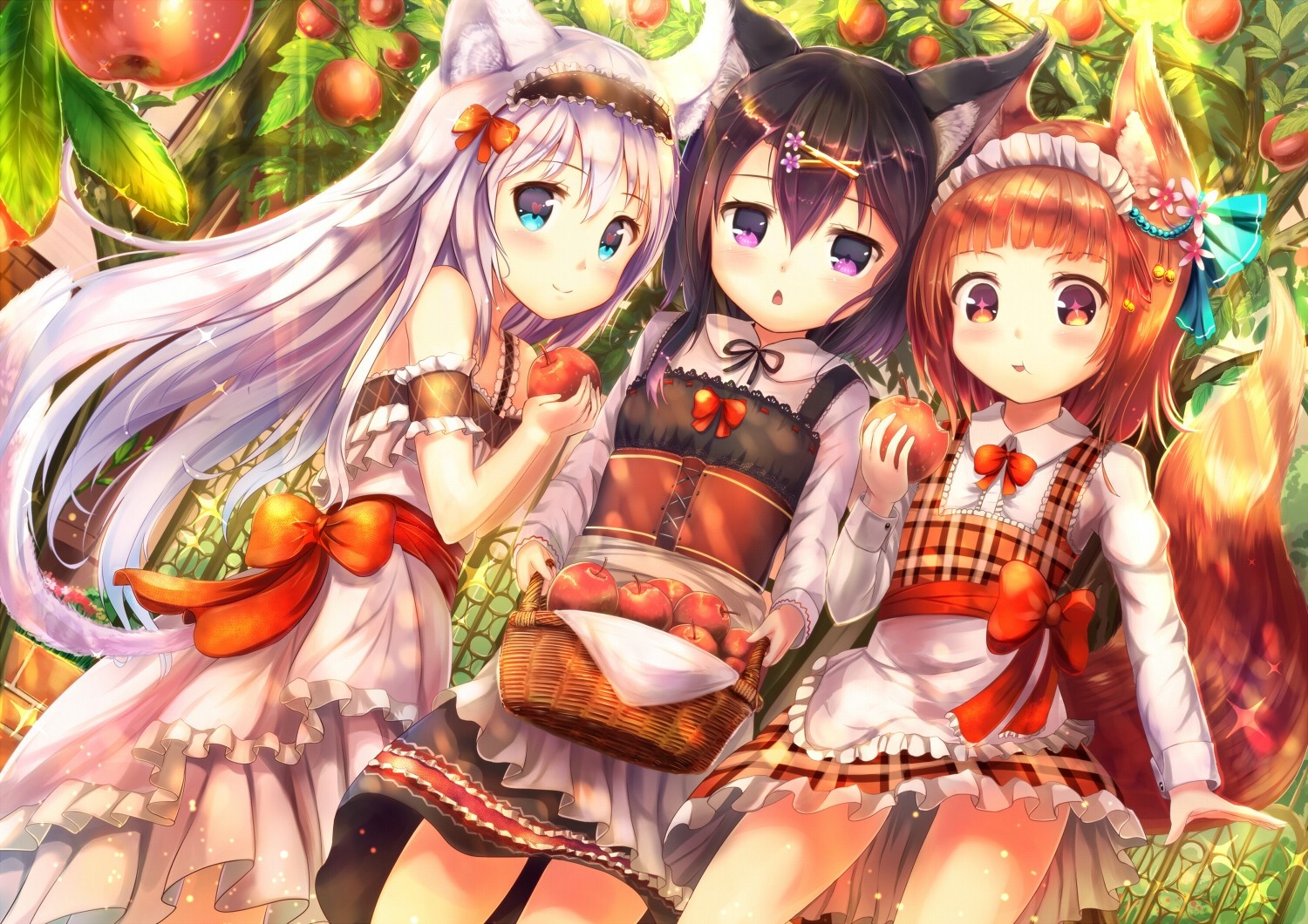 Three anime girls with cat ears in an apple orchard HD Wallpaper