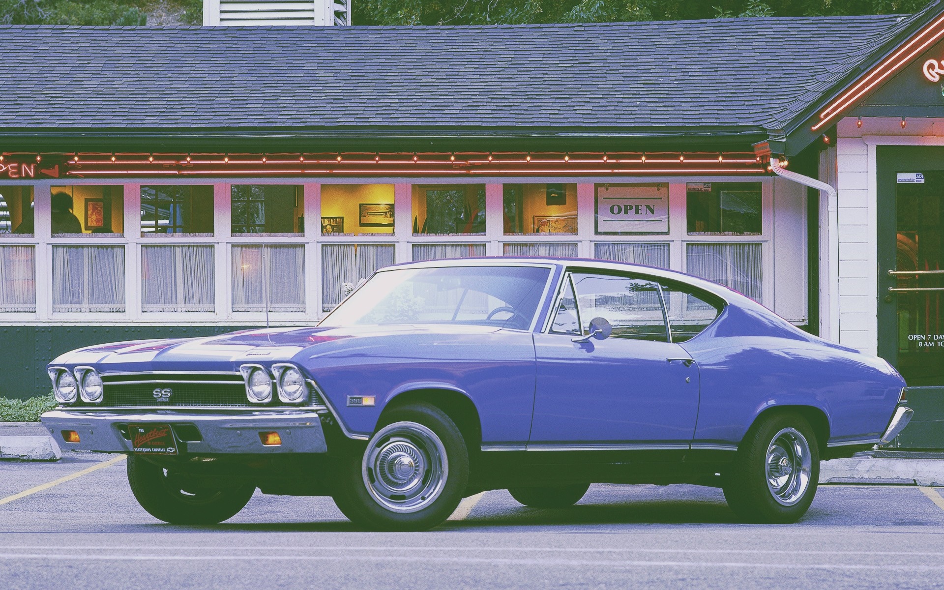 Blue 1969 Chevrolet Chevelle SS parked in front of a diner HD Wallpaper