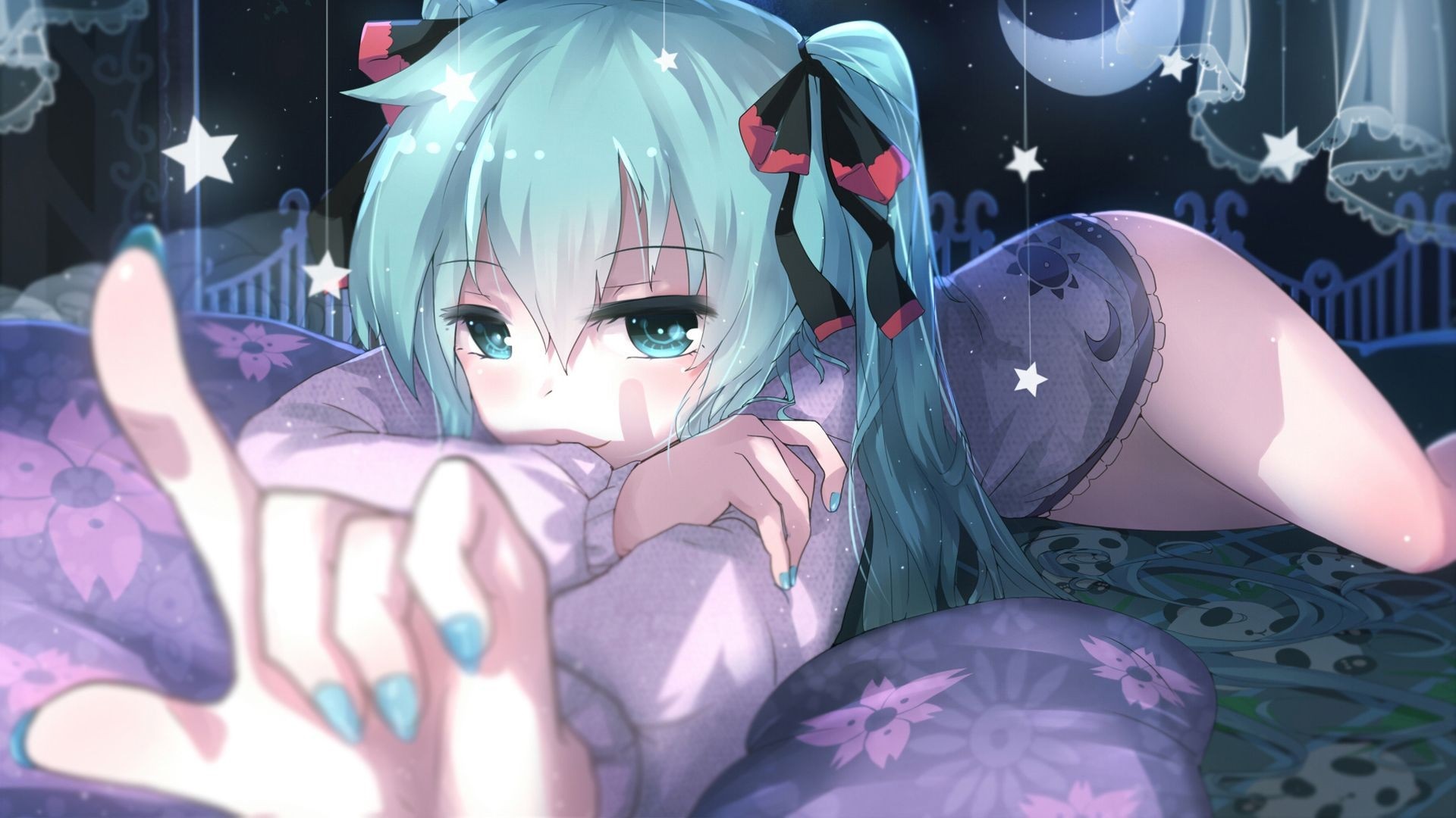 Hatsune Miku lying on a bed at night HD Wallpaper