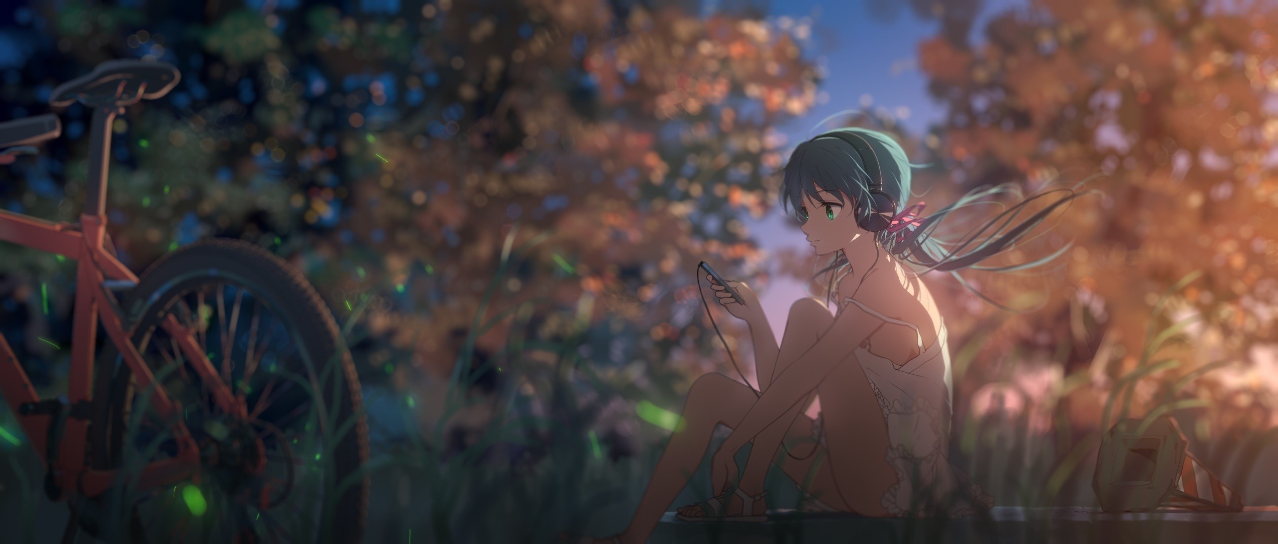 Anime girl with headphones and bicycle in autumn HD Wallpaper