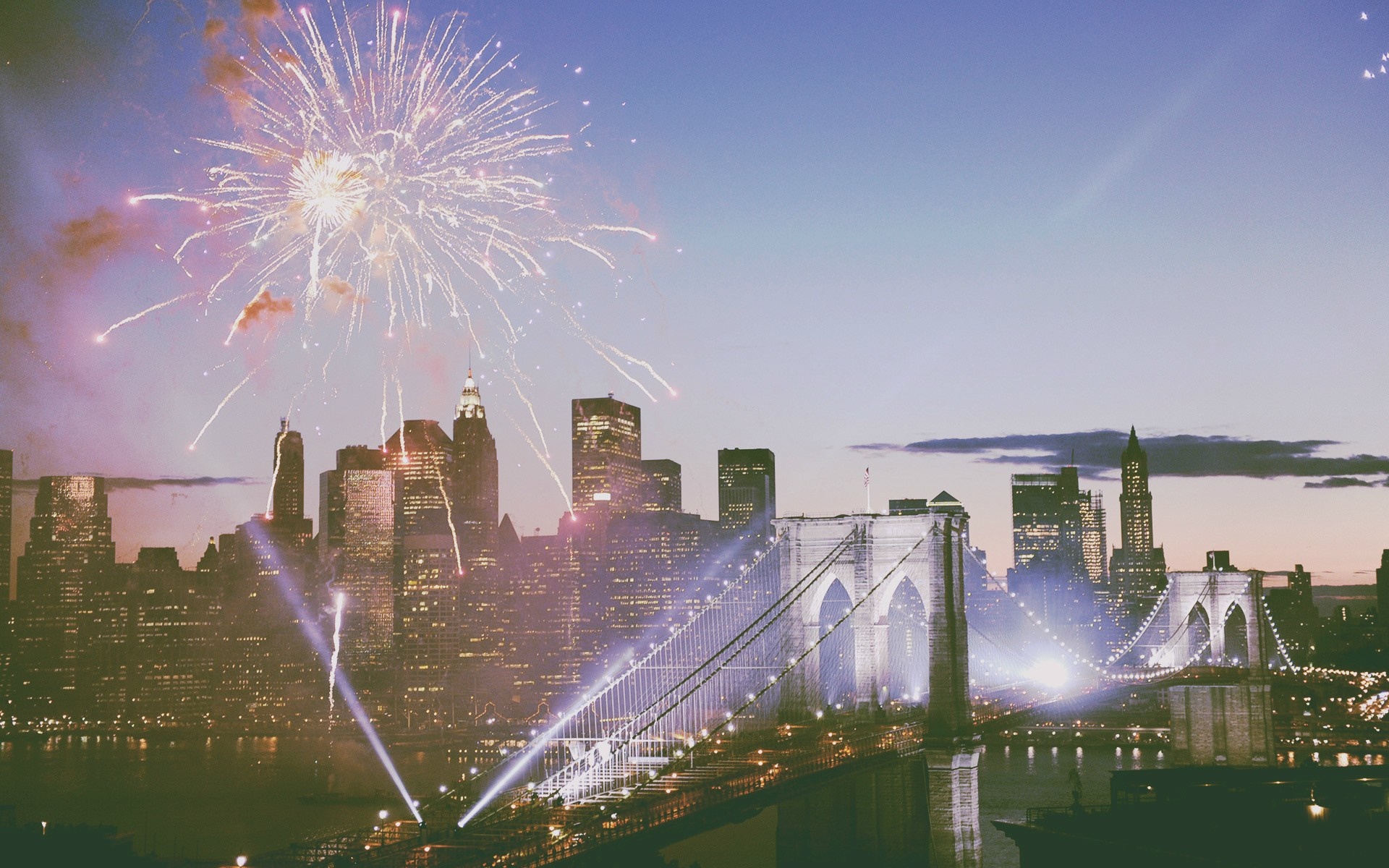 Fireworks over Brooklyn Bridge and New York City skyline HD Wallpaper