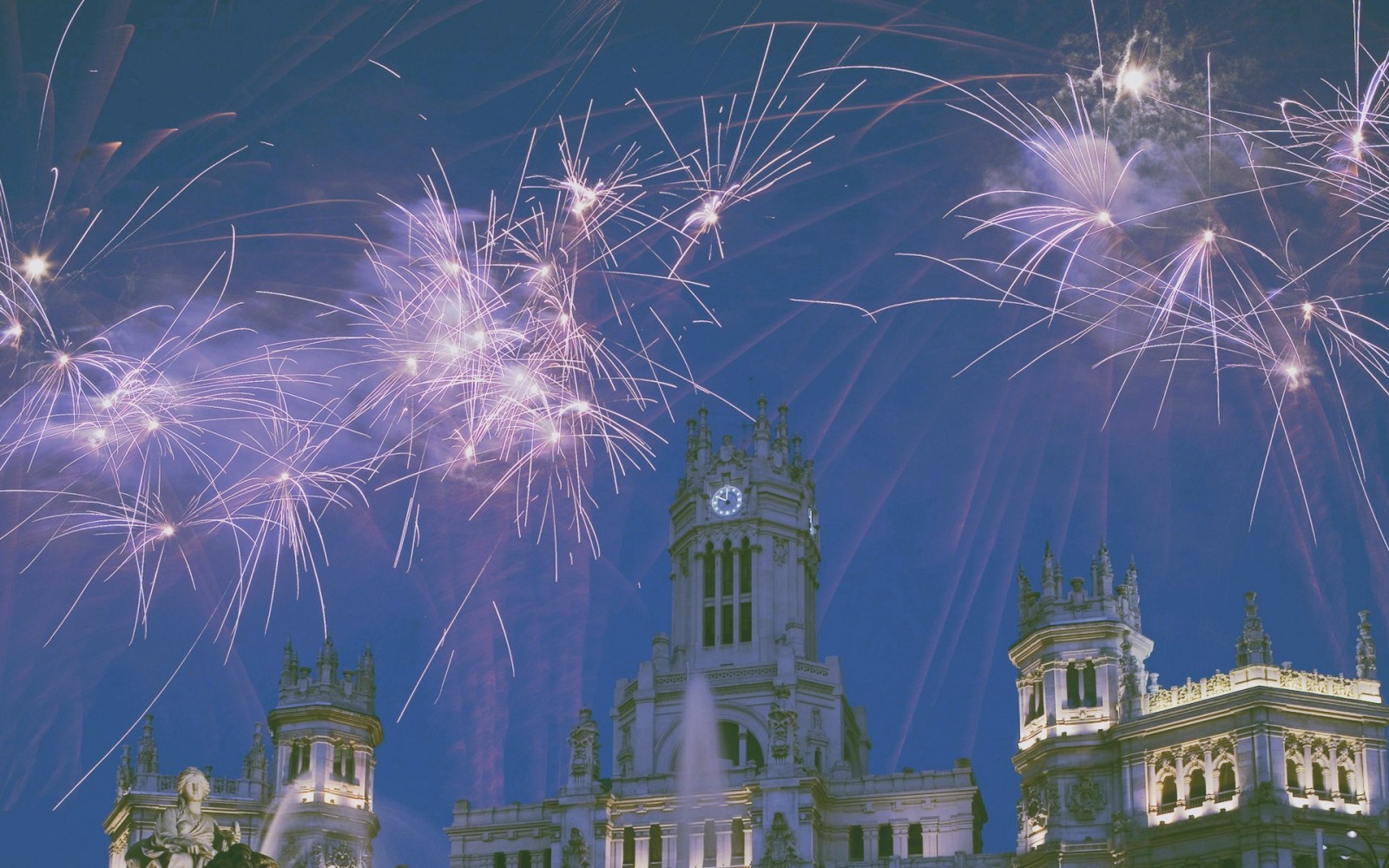 Fireworks over a historic building at night HD Wallpaper
