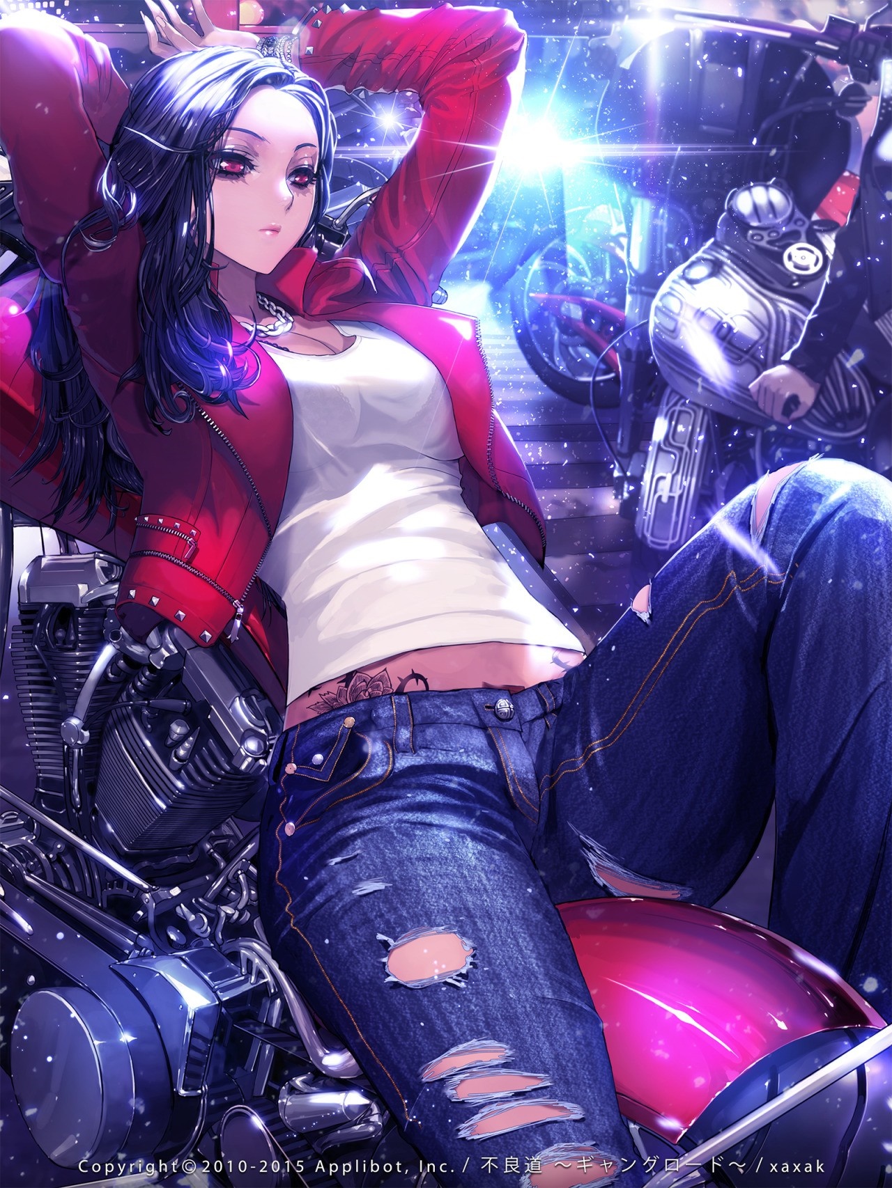 Anime girl with tattoos on a motorcycle HD Wallpaper