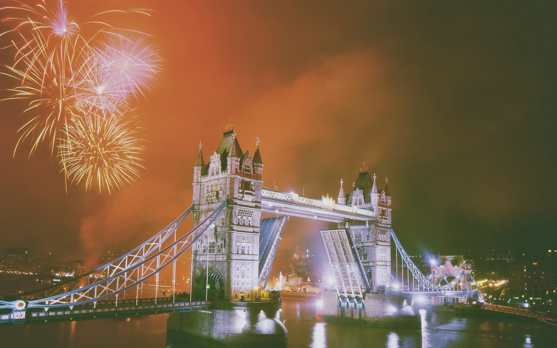 Tower Bridge London at night with fireworks HD Wallpaper