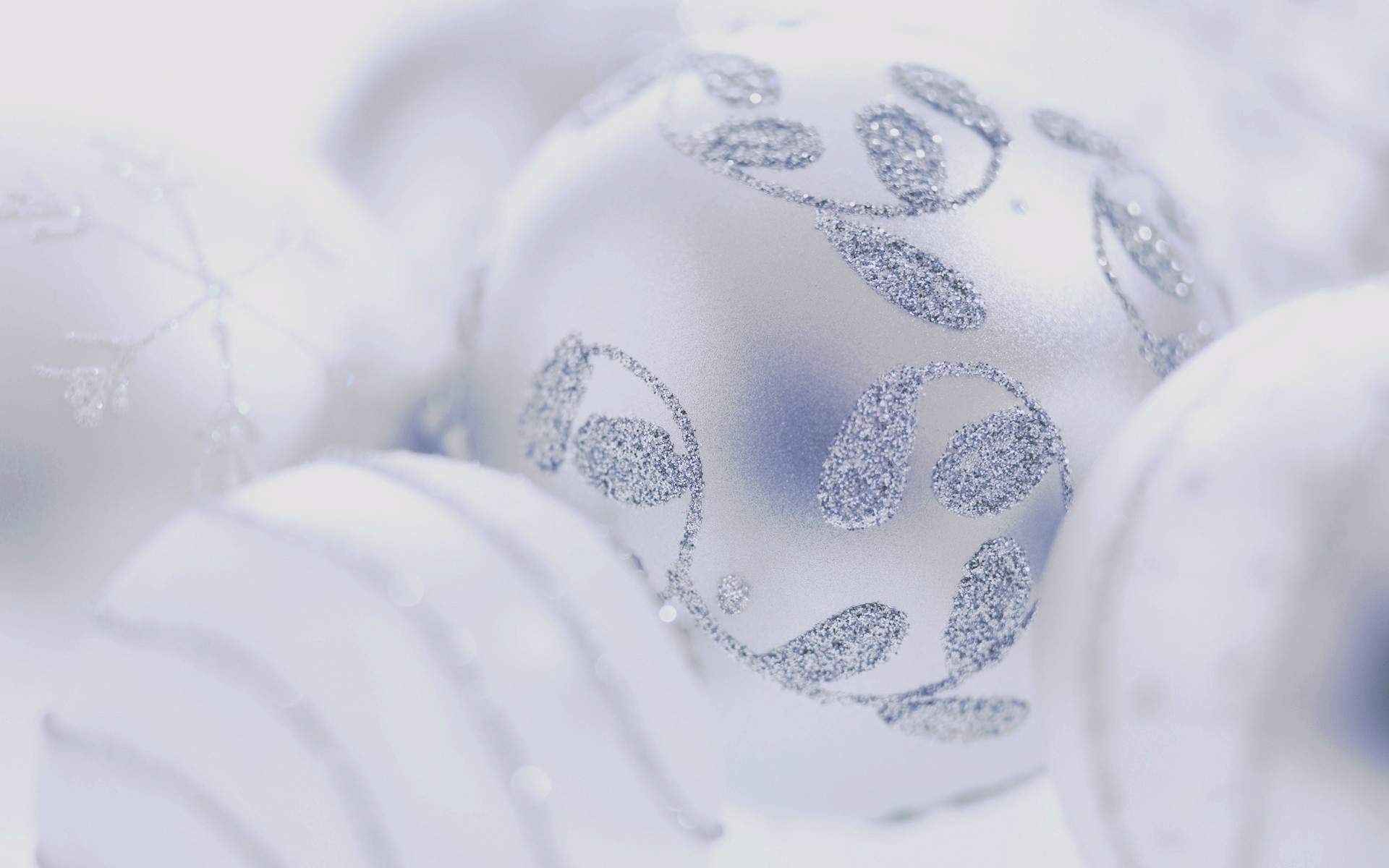 Close up of white Christmas ornaments with glitter HD Wallpaper