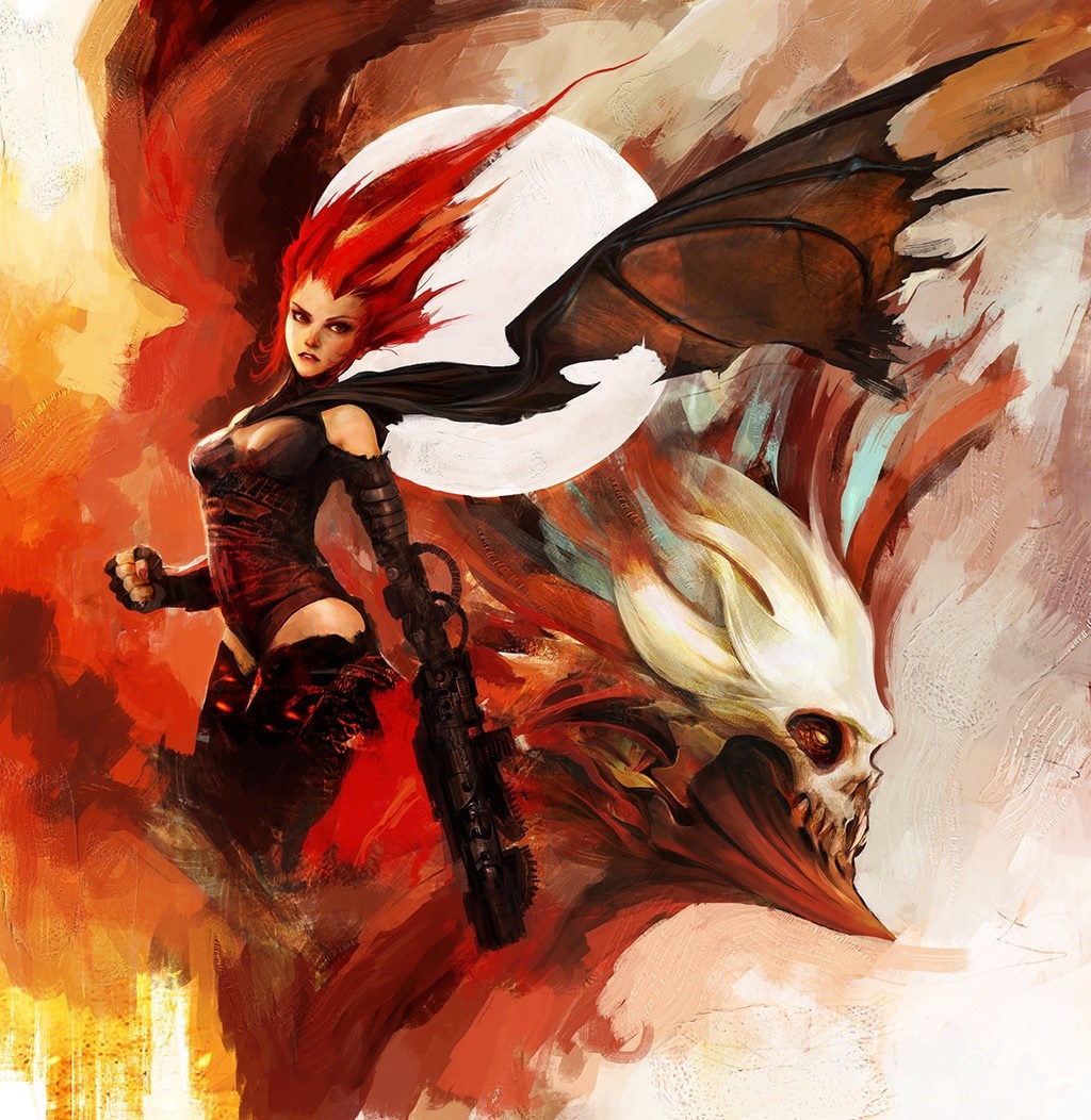 Illustration of a female demon with a gun and a skull HD Wallpaper
