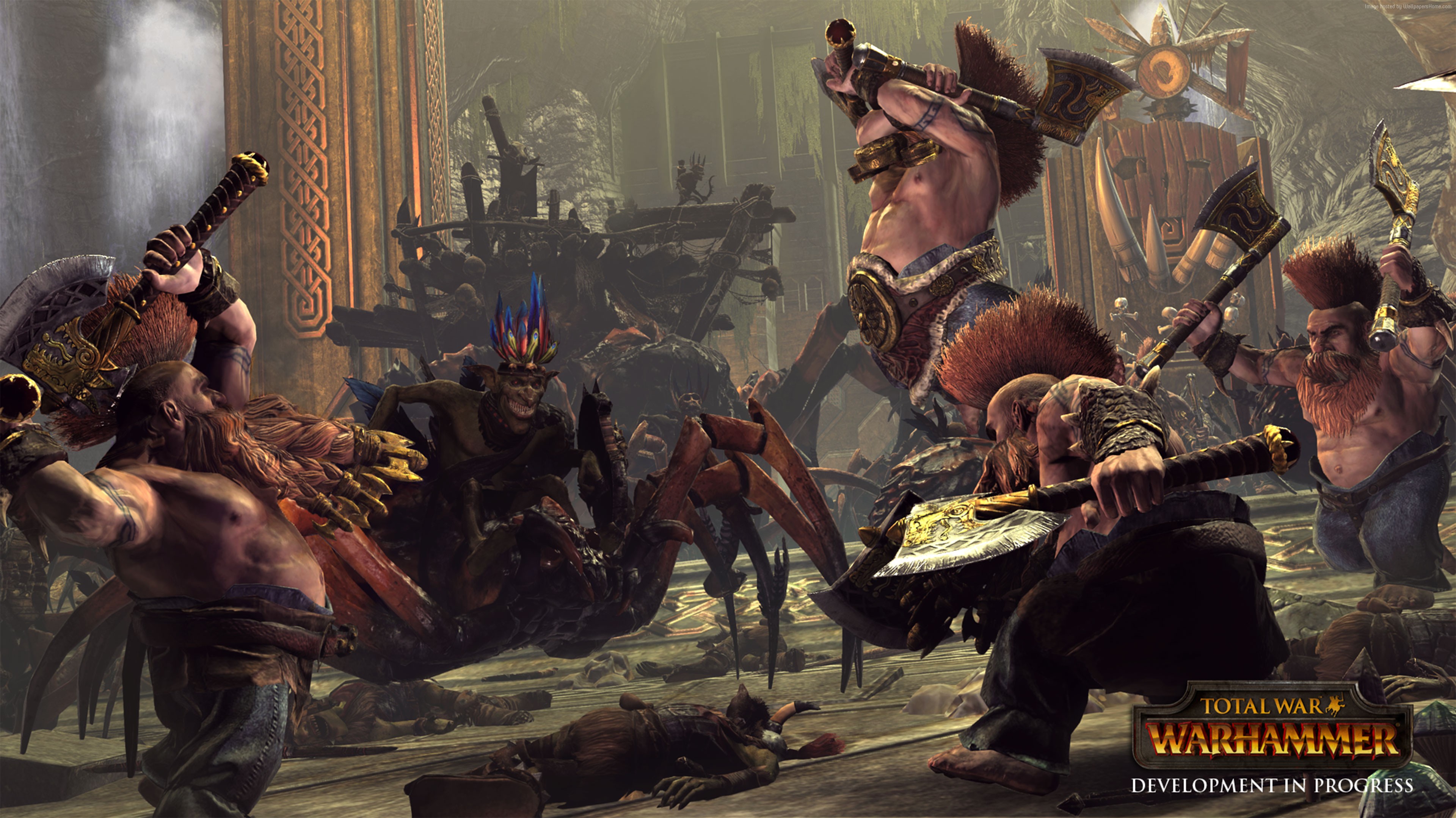 Total War: Warhammer Dwarfs fighting monsters HD Wallpaper