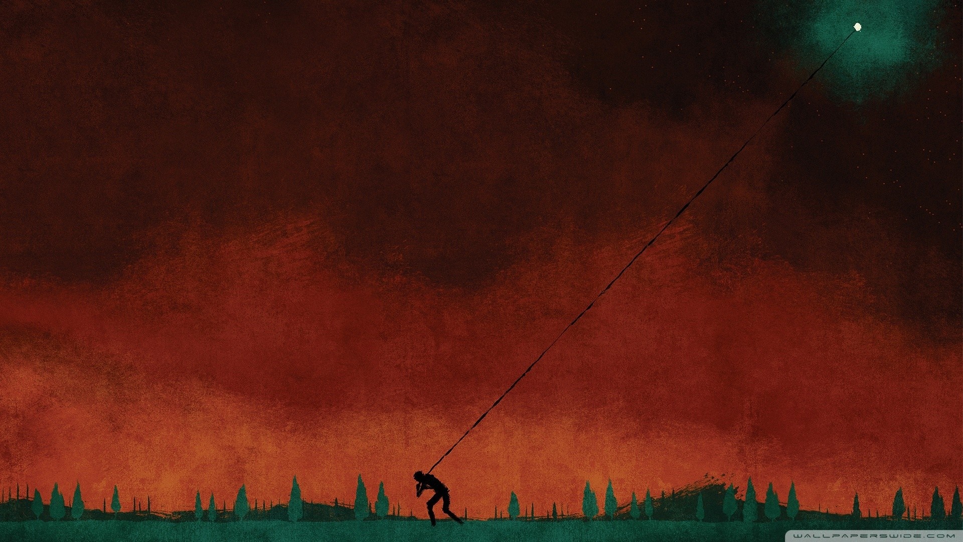 Silhouette of a person pulling a kite string towards a glowing orb HD Wallpaper