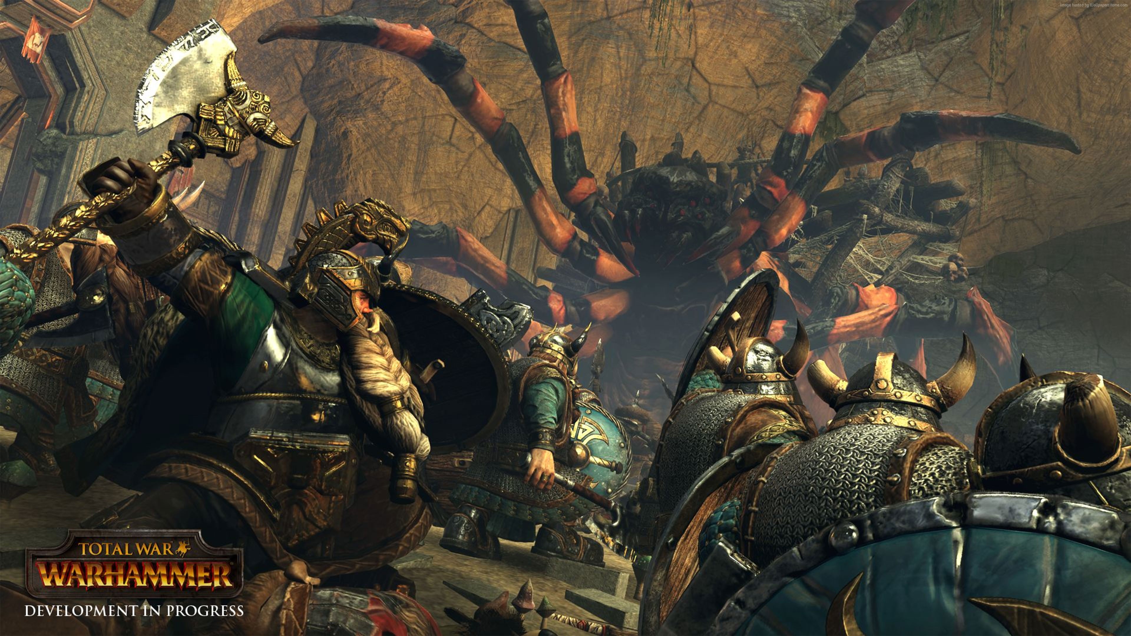 Total War: Warhammer - Dwarves fighting a giant spider HD Wallpaper