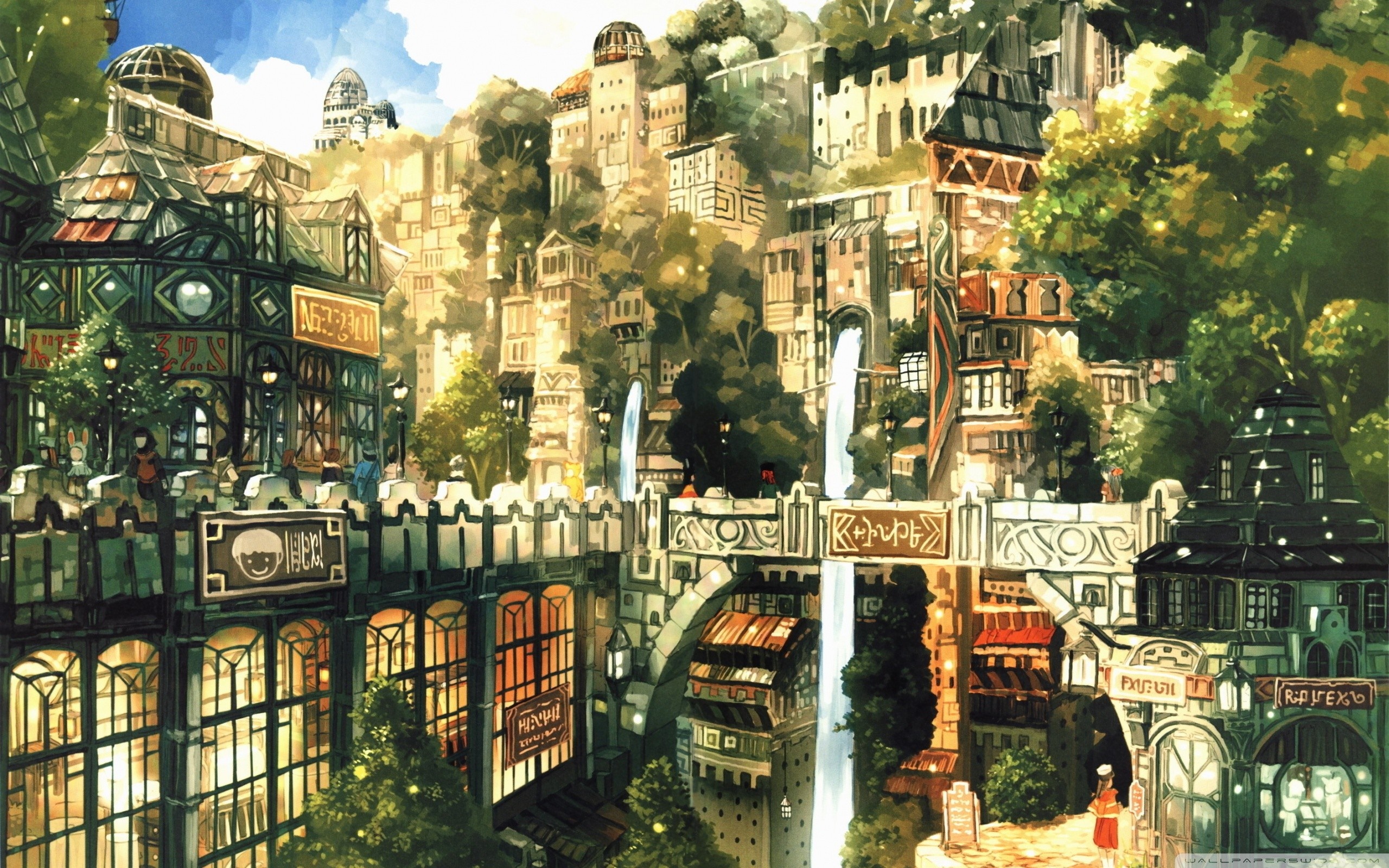 Fantasy city with waterfalls and ornate buildings HD Wallpaper