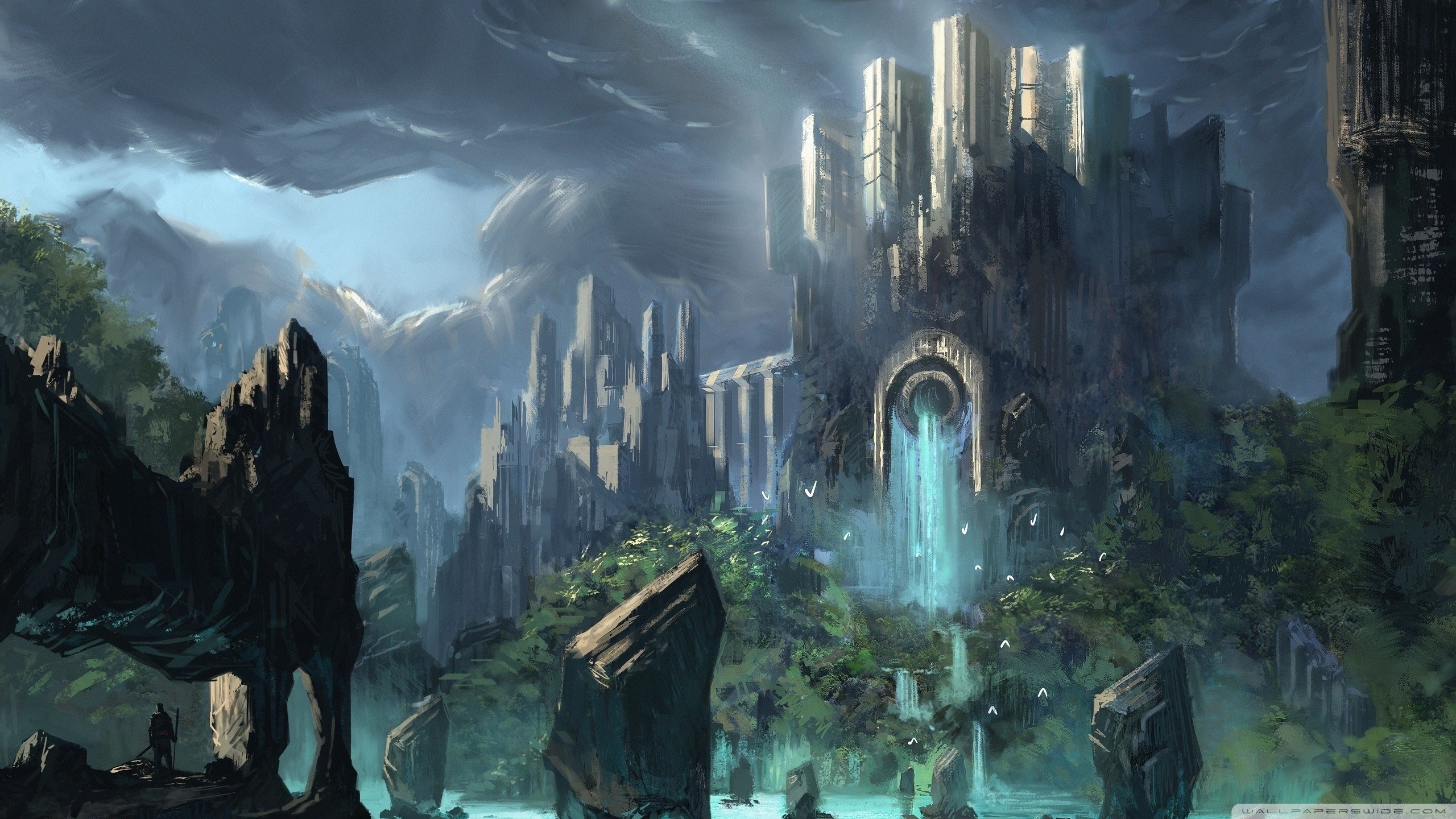 Fantasy castle with waterfalls and mountains HD Wallpaper