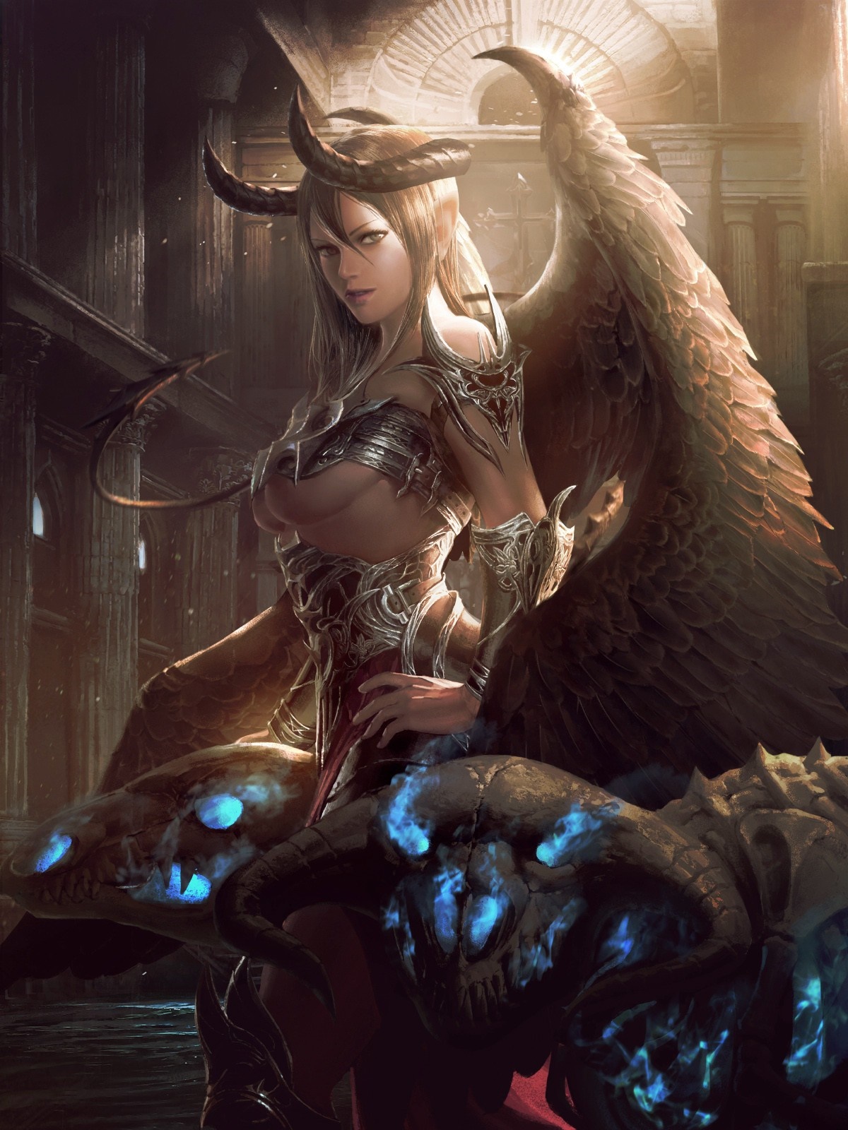 Illustration of a winged demoness with horns HD Wallpaper