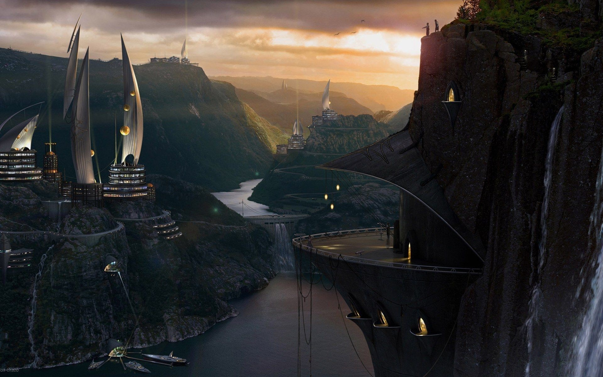 Futuristic city built into a fjord at sunset HD Wallpaper