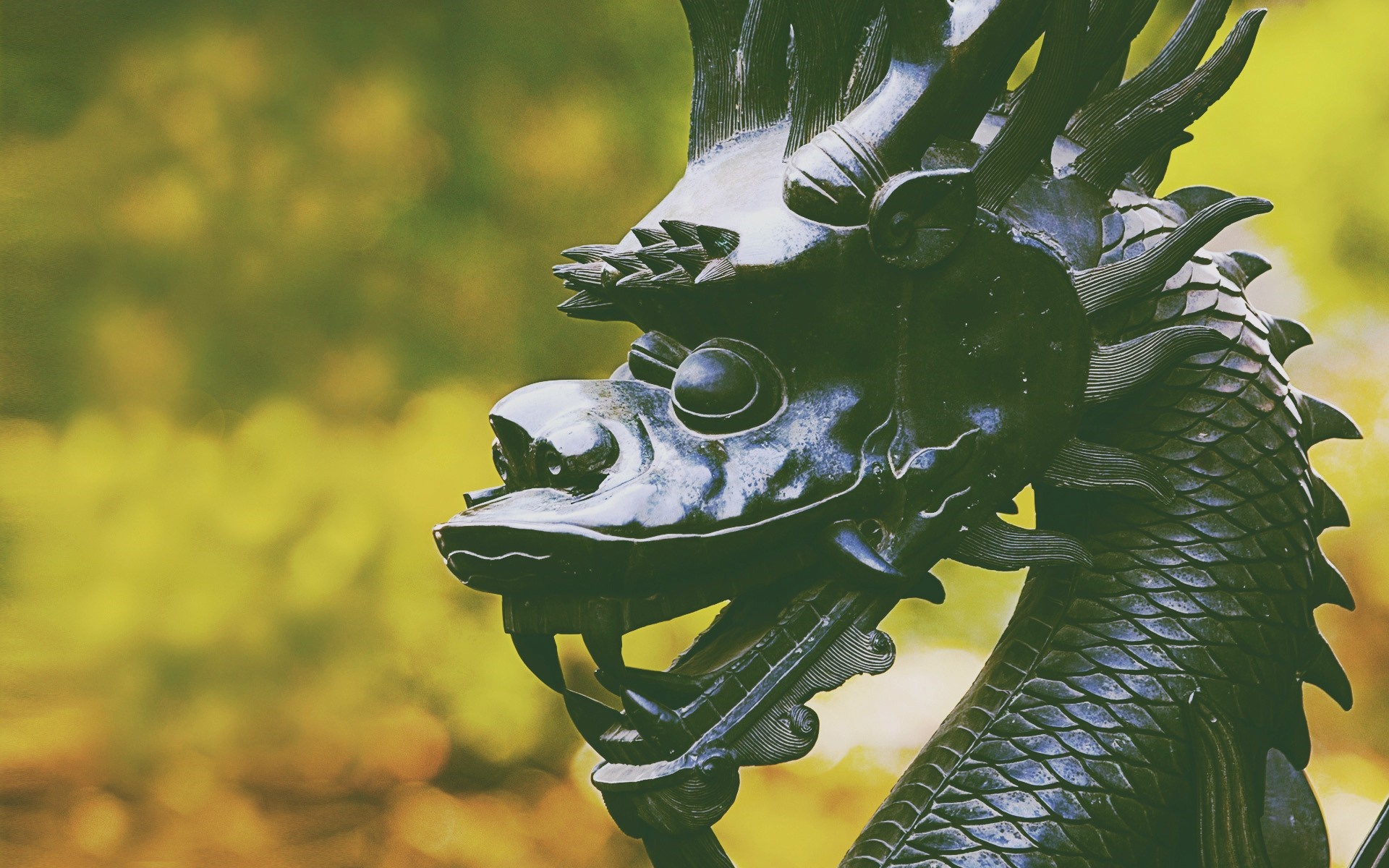 Close-up of a dark dragon sculpture HD Wallpaper