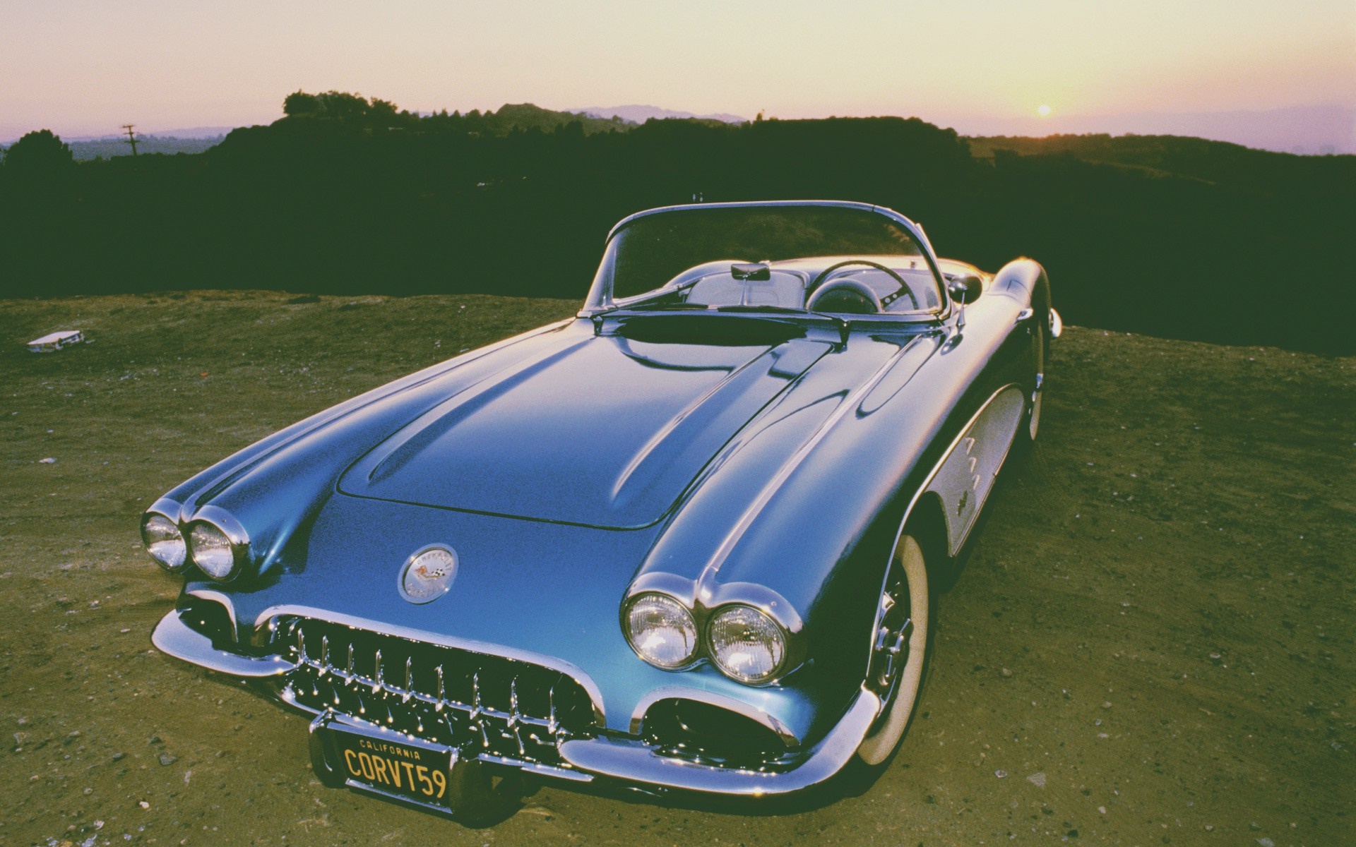 Blue 1959 Chevrolet Corvette Convertible at Sunset HD Wallpaper